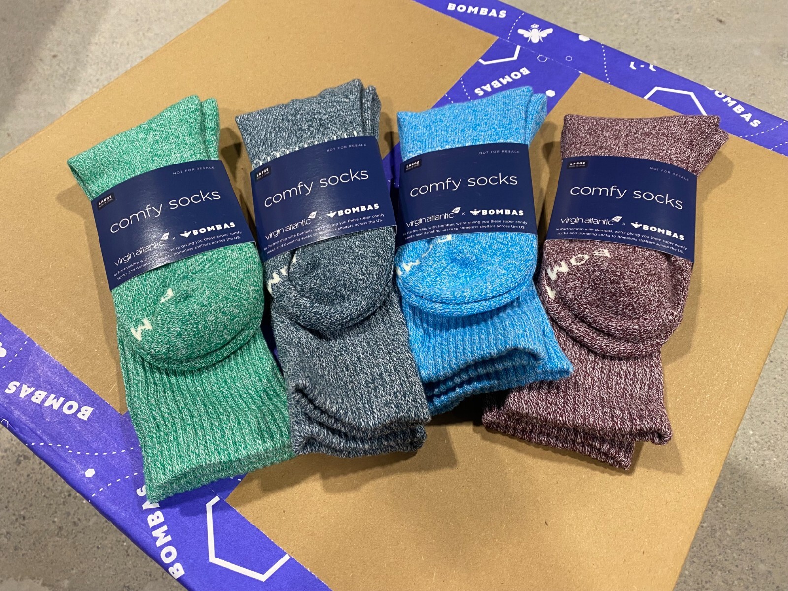 Bombas Calf Socks Large Cool Marl Assorted 4-Pack | Virgin Atlantic | NWT