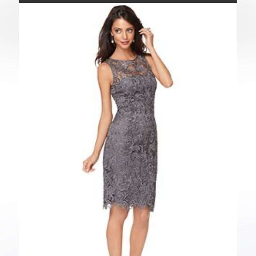Adrianna Papell Evening Dress Gray Lace Overlay Sleeveless Lined Sheath Size 14 Adrianna Papell Evening Dress Gray Lace Overlay Sleeveless Lined Sheath Size 14