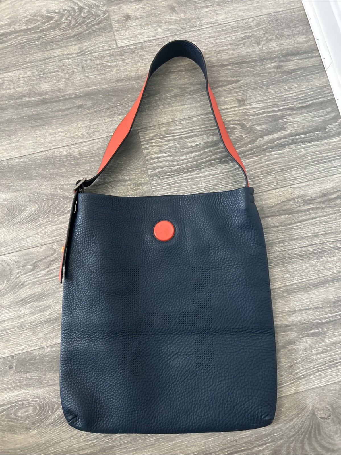 Hender Scheme Navy /Orange Trimmed Pebbled Leather Shoulder Bag Adjustable