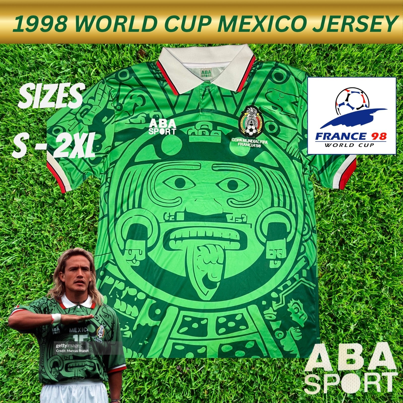 Mexico 1998 World Cup Home Jersey Aba Sport France 98 Aztec Print sz S-2XL