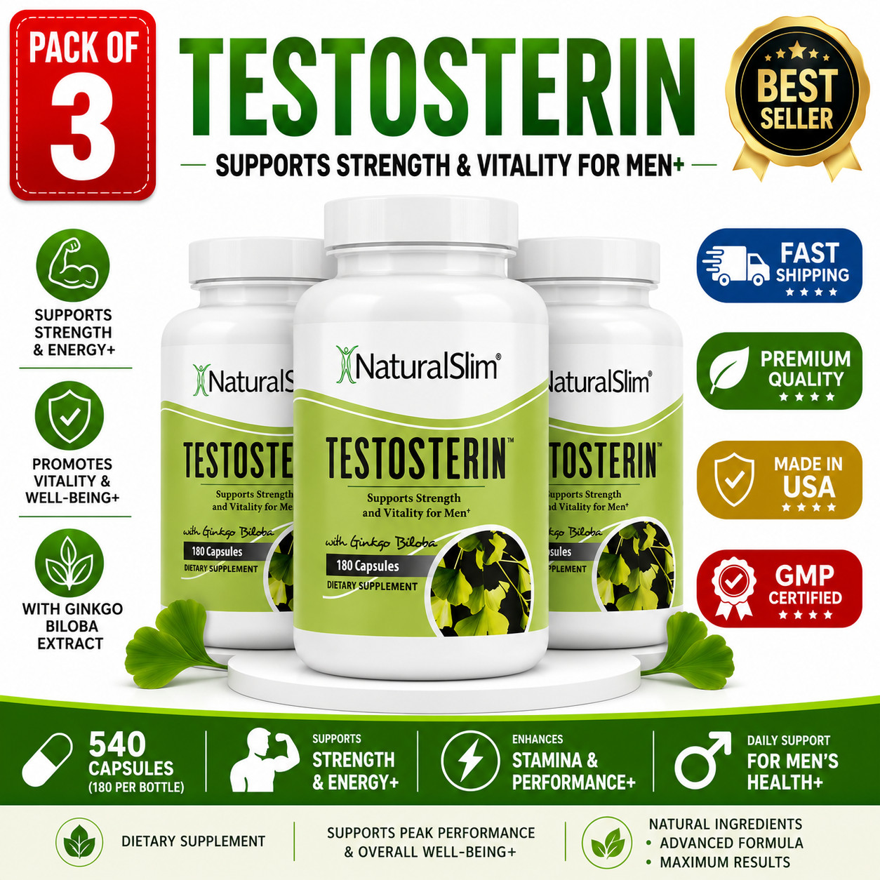 Natural Slim Testosterin Men's Multivitamins Booster 180 Capsules ( Pack of 3)
