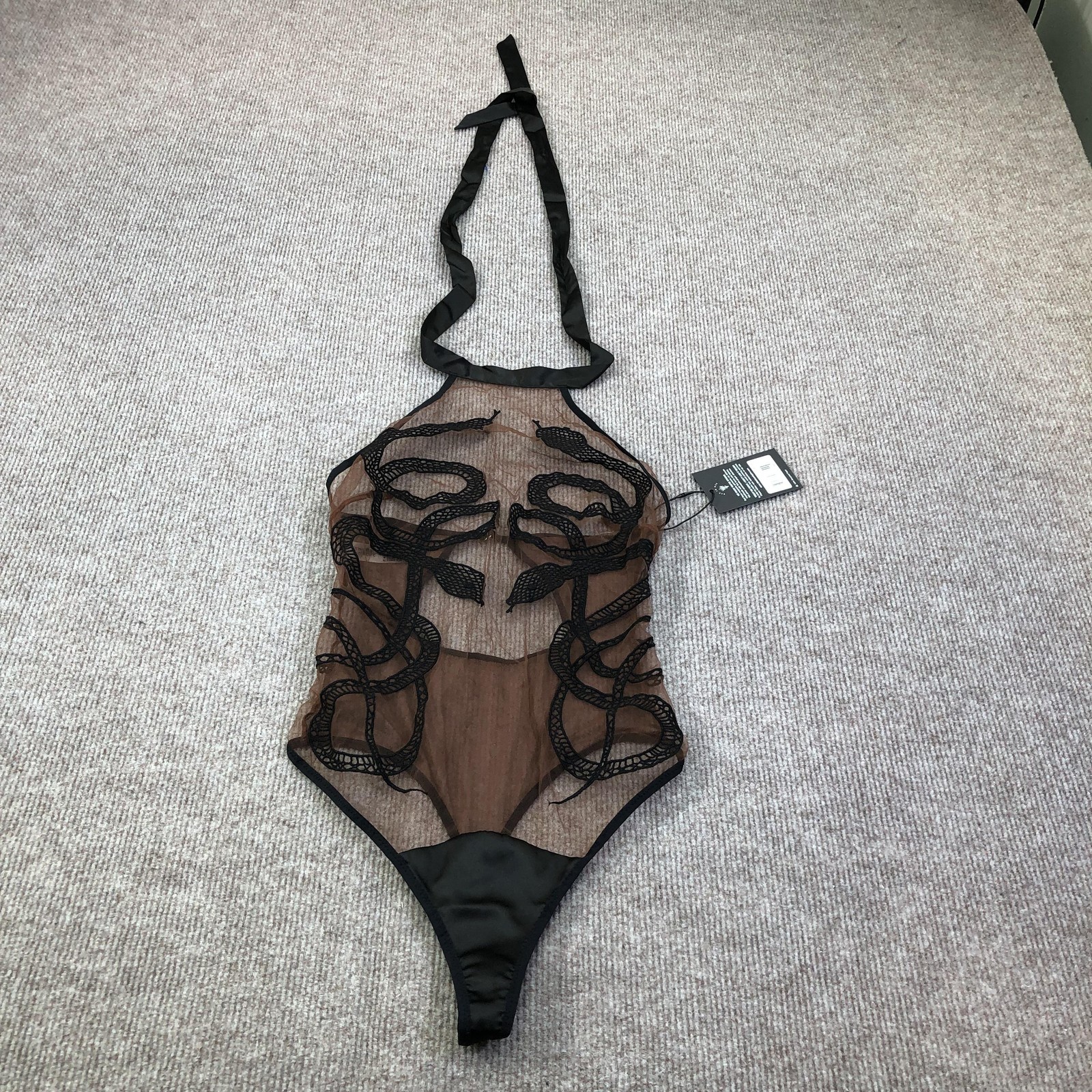 Thistle And Spire Bodysuit Womens M Black Sheer Snake Embroidered Halter Thong