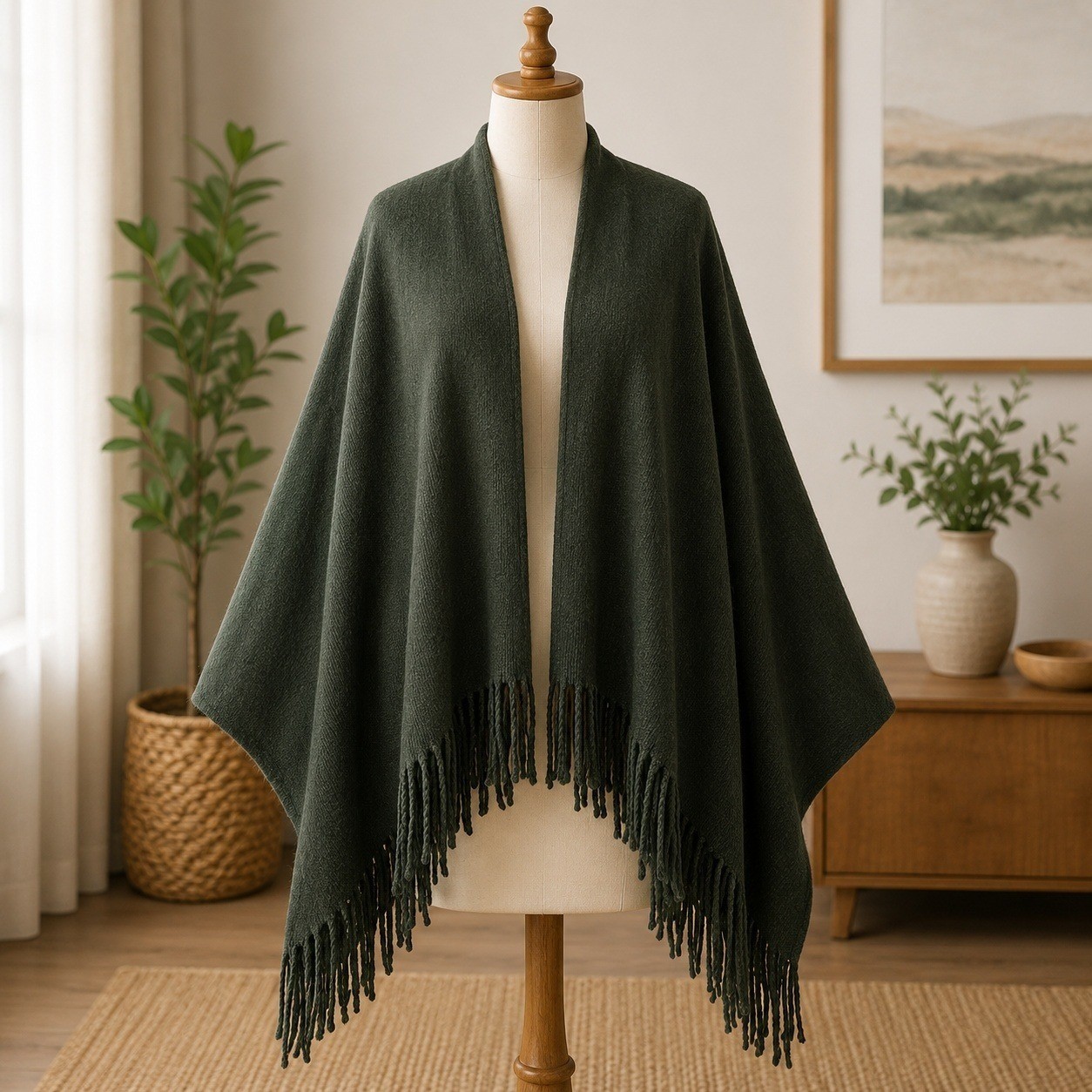 NWT Vince Camuto Fringe Hem Wrap Poncho Womens OS Black Knit Open Front Shawl