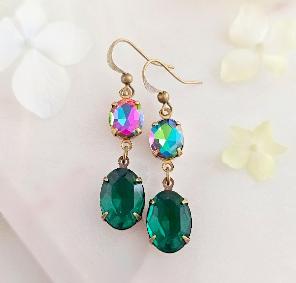 Pink and Green Medium Vitrail Earrings made with Vintage Emerald Green Crystals