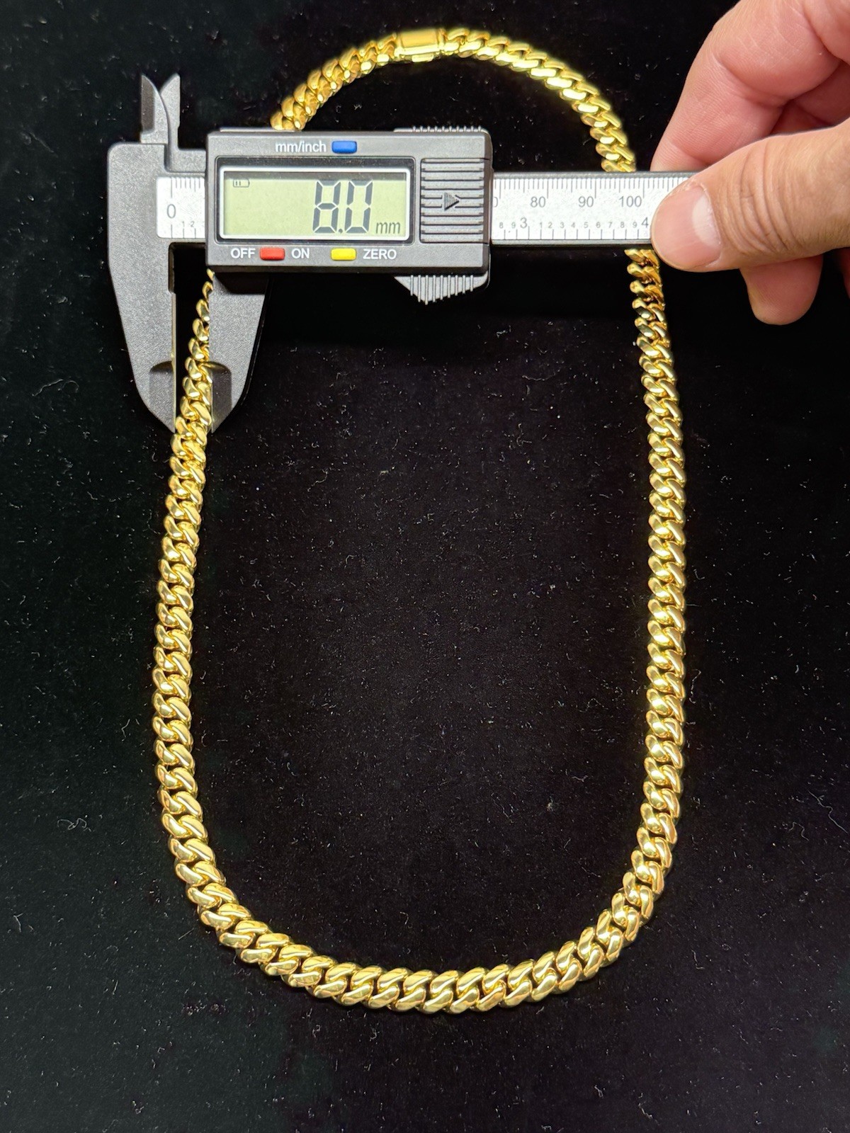 8mm miami cuban chain in 22k gold over 925 silver. 22 inches long (74.3g) 8mm miami cuban chain in 22k gold over 925 silver. 22 inches long (74.3g)