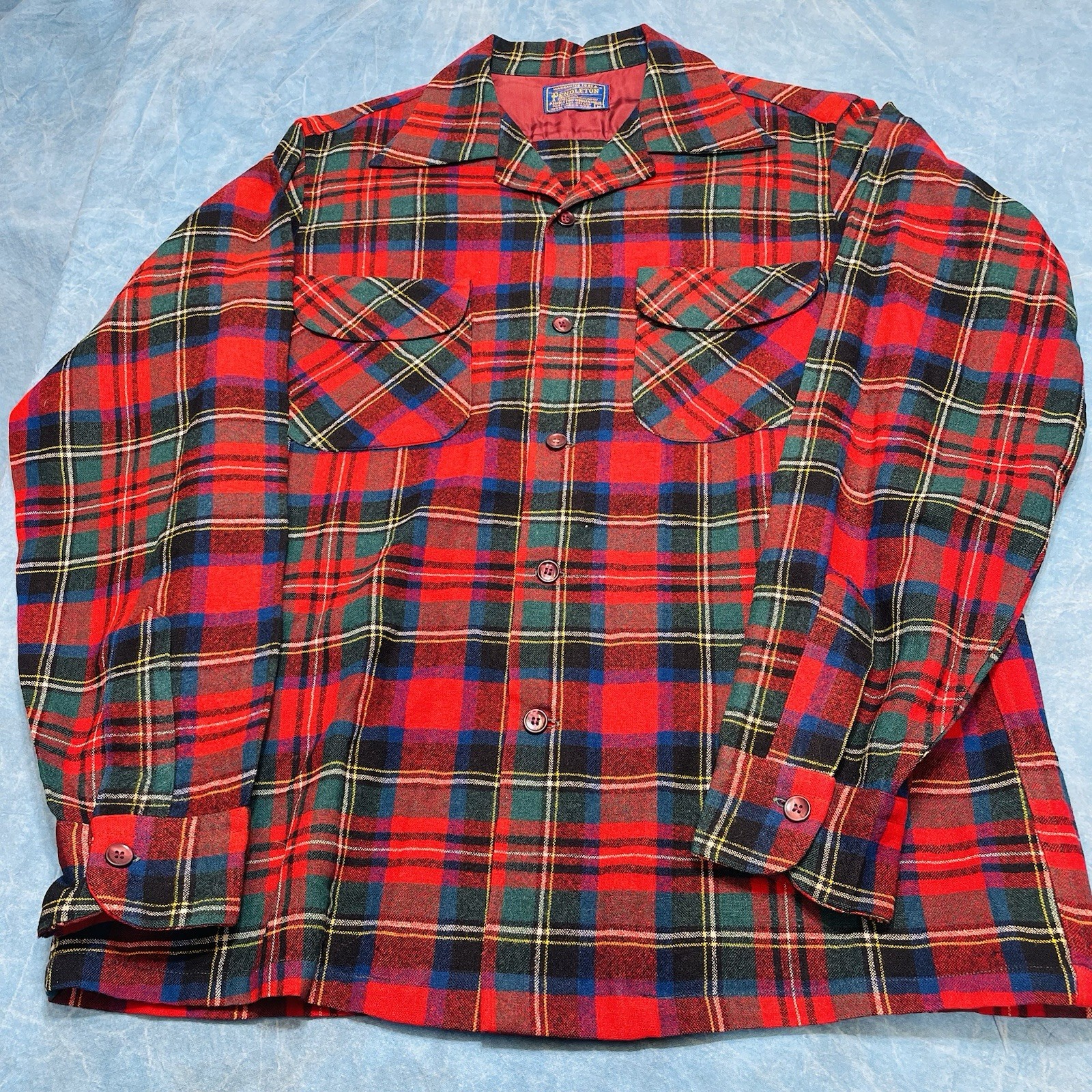 Vtg 60’s Pendleton Wool Board Shirt Mens M Red/Blue Plaid Flannel loop collar