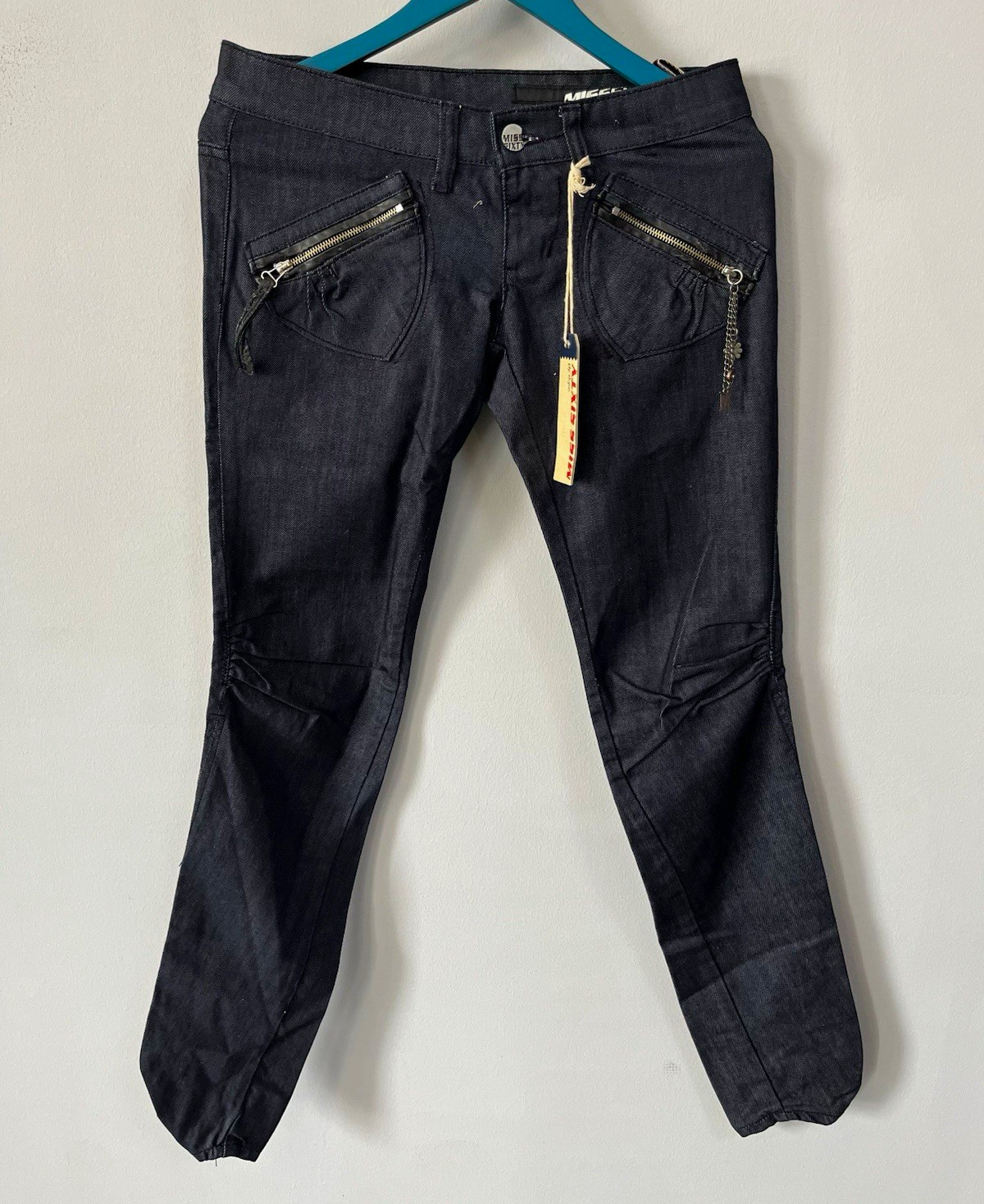 Vtg MISS SIXTY Y2K Jeans NWT Size 28 Low Rise Italian Dark Wash Biker Zipper
