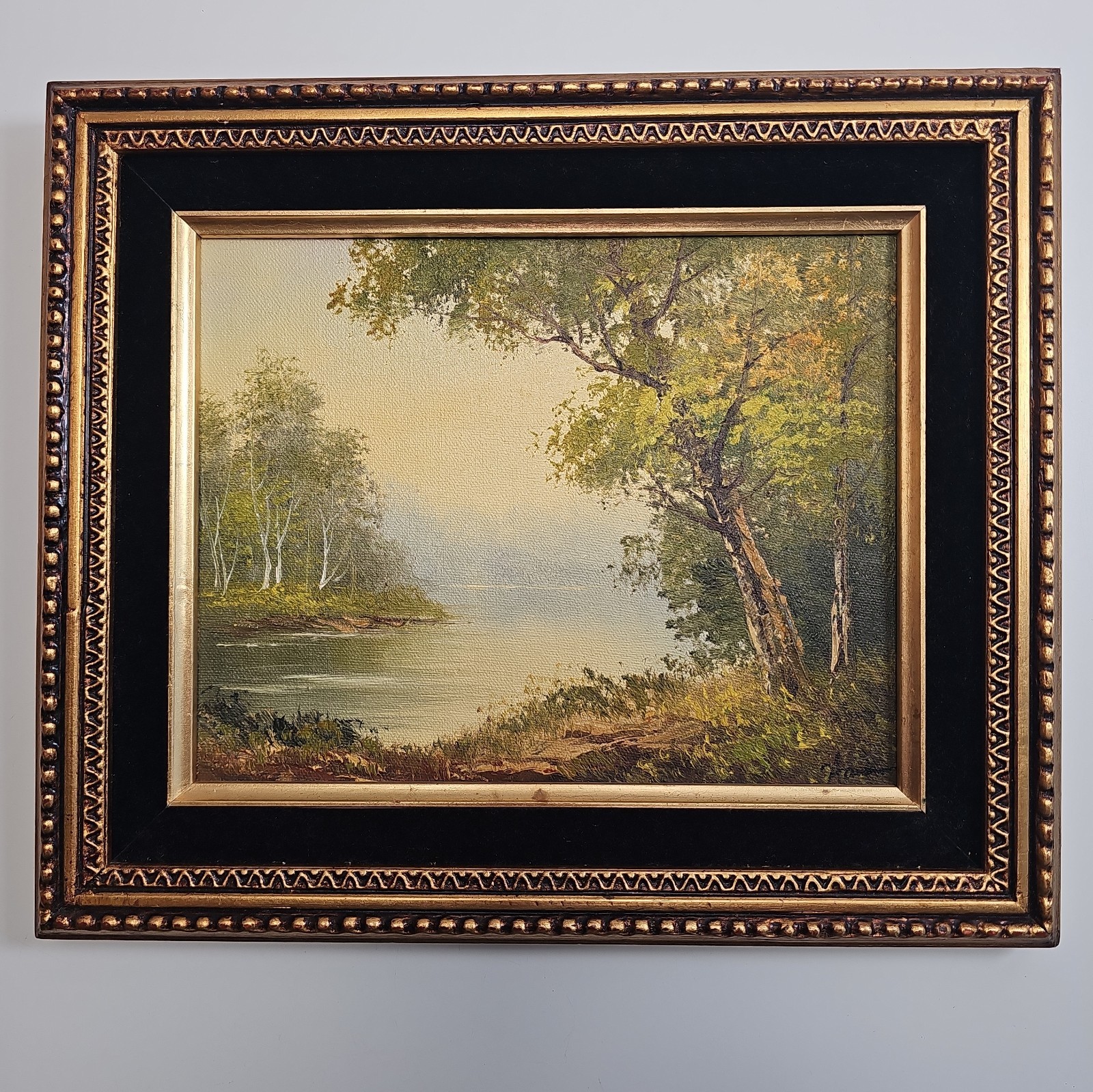 VTG Original Oil Painting 8x10 Signed Woodland Lake Landscape Ornate Framed Art