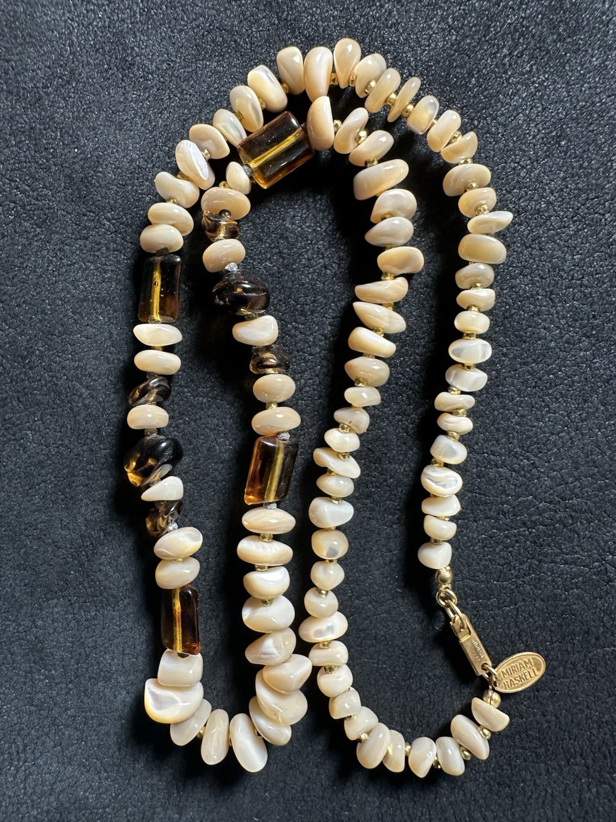 Vintage Miriam Haskell Signed Single-Strand Necklace Brown And Milky Tone
