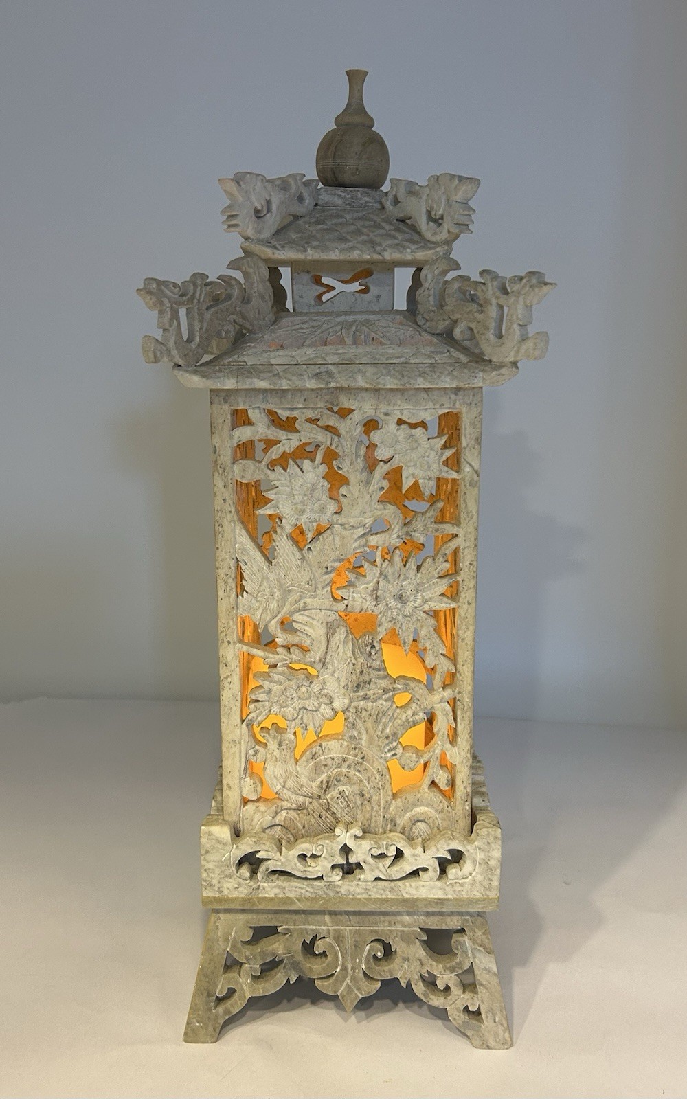 LARGE Vintage Hand Carved Openwork Soapstone Chinese Pagoda Lantern Lamp 20th C.