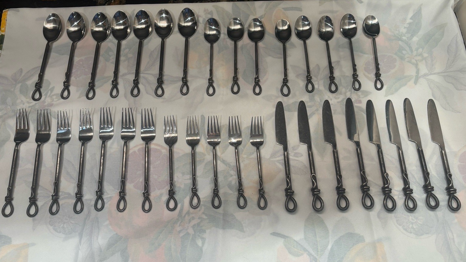 Rare 35 Pc Hand Forged Thailand Knot Handle Flatware Set