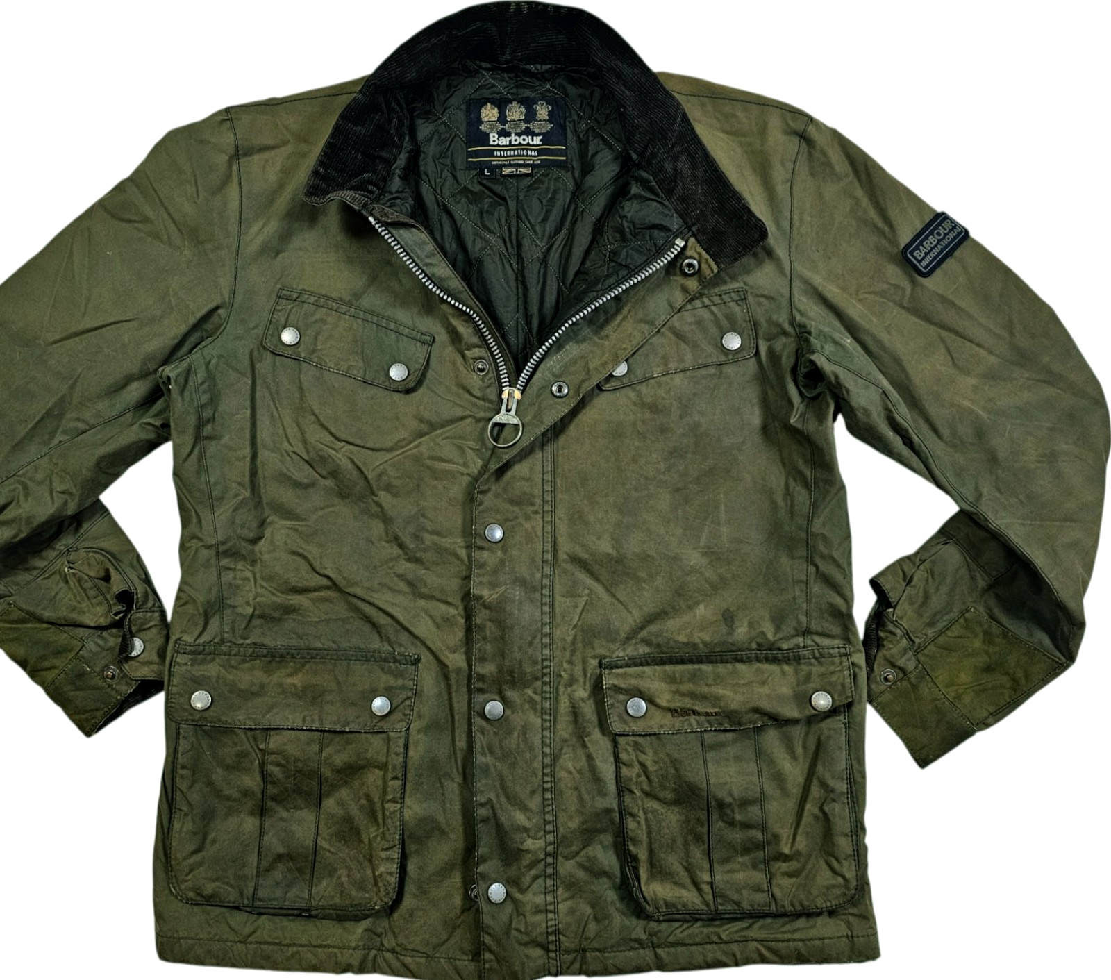 HOT Men\'s BARBOUR INTERNATIONAL @ DUKE BIKER PARKA OLIVE WAXED Jacket L (*Fit M)