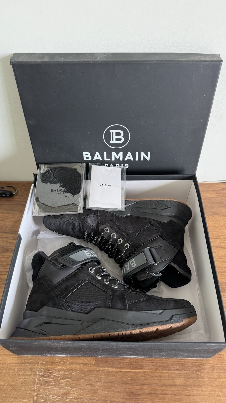 Balmain Paris Men\'s High-Top Sneakers Black/Gray Brown Rubber Sole New Box