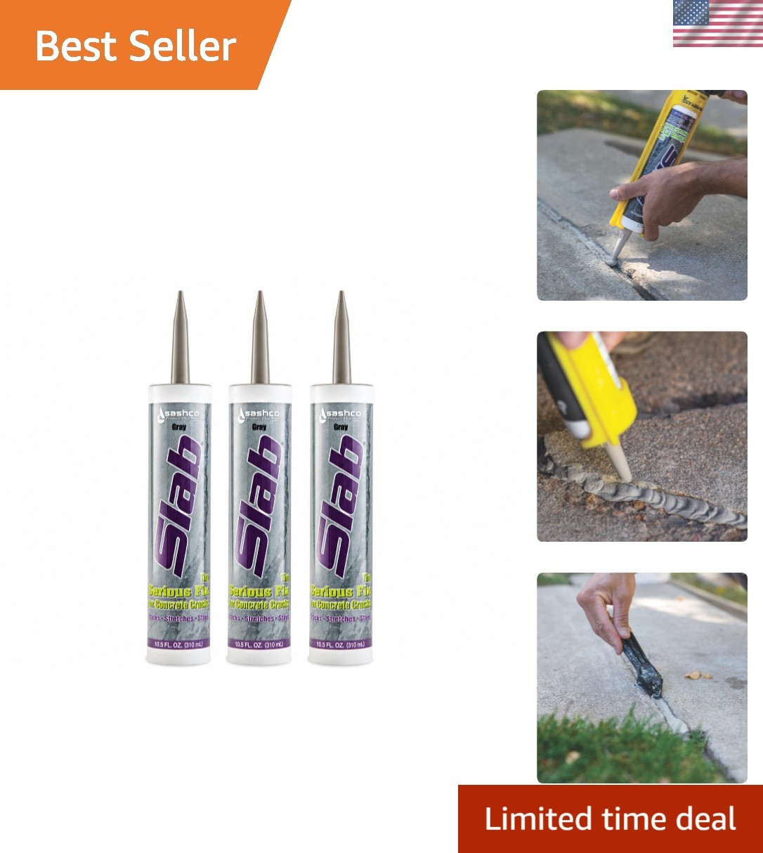 High-Performance Gray Concrete Crack Filler - Pack of 3 x 10.5 oz Cartridges