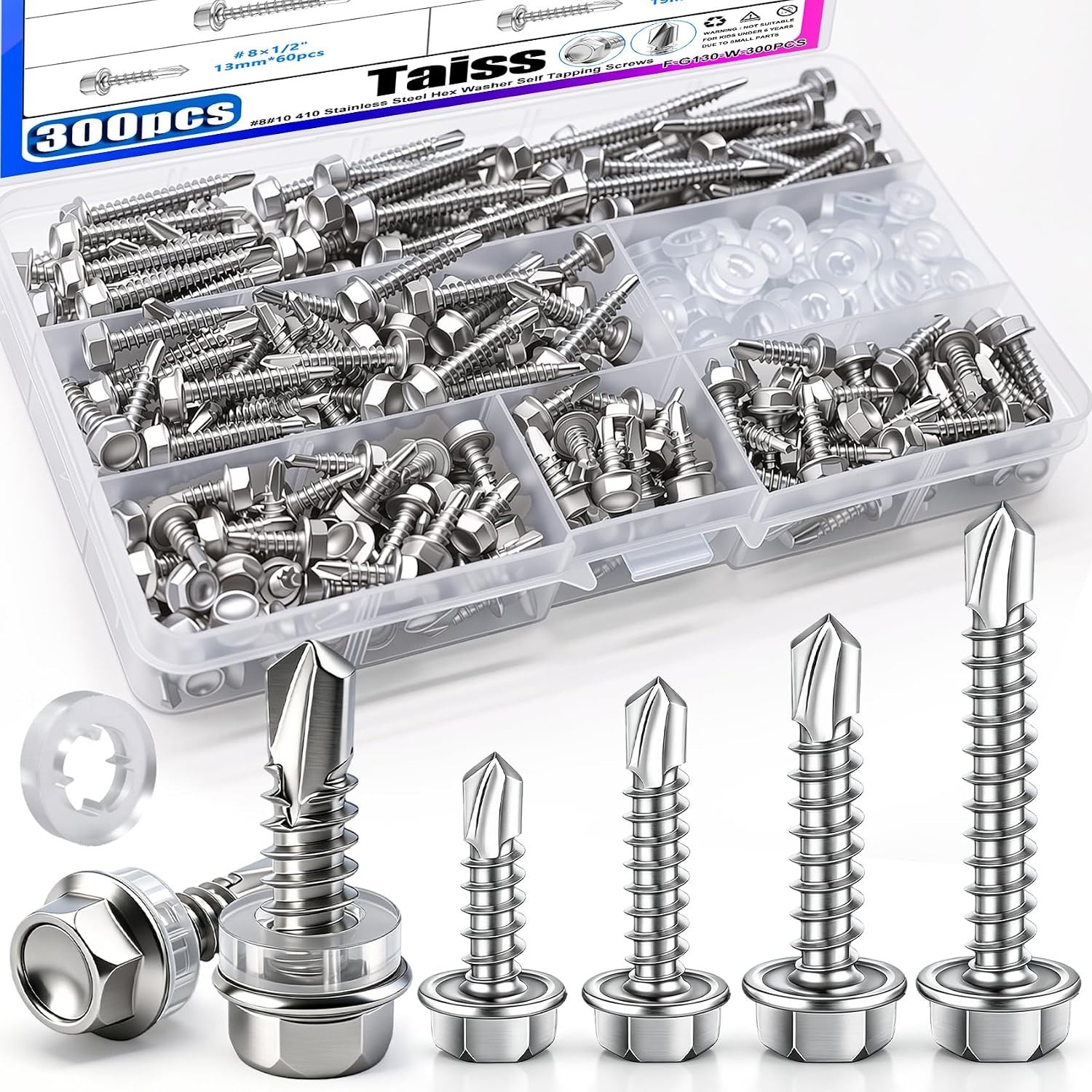 Hex Washer Head Self Drilling Screws 300 Pcs #8 #10 Assortment 410 Stainless Hex Washer Head Self Drilling Screws 300 Pcs #8 #10 Assortment 410 Stainless