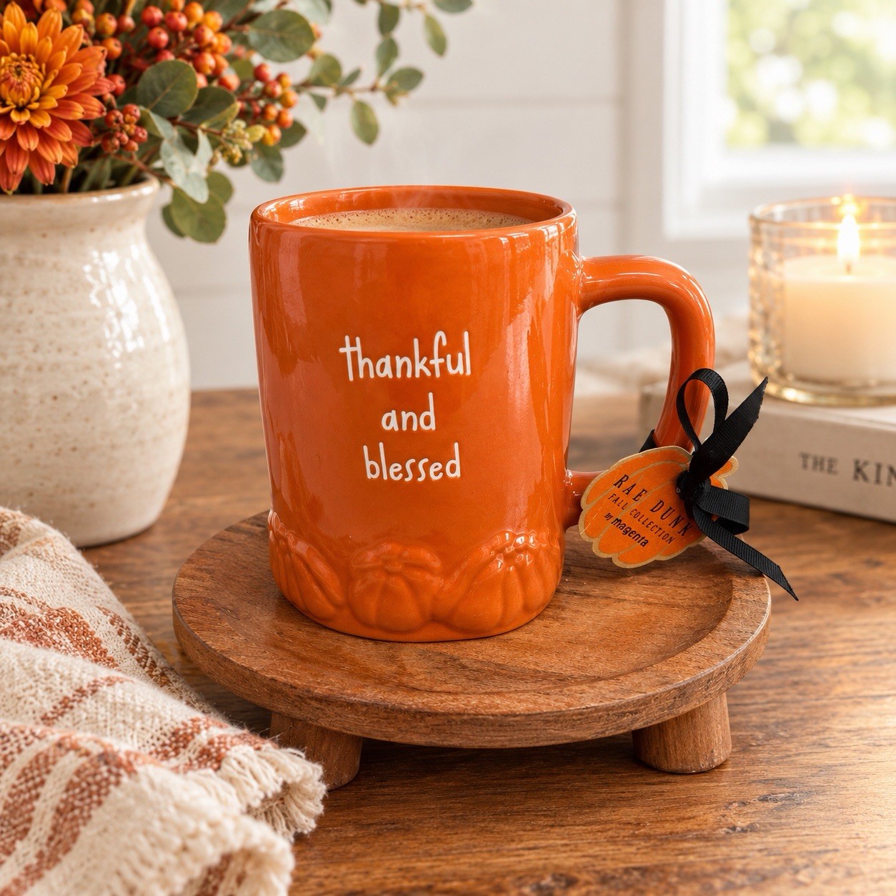 Rae Dunn Thankful & Blessed Autumn Fall Pumpkin Mug Cup Orange Coffee Tea NWT