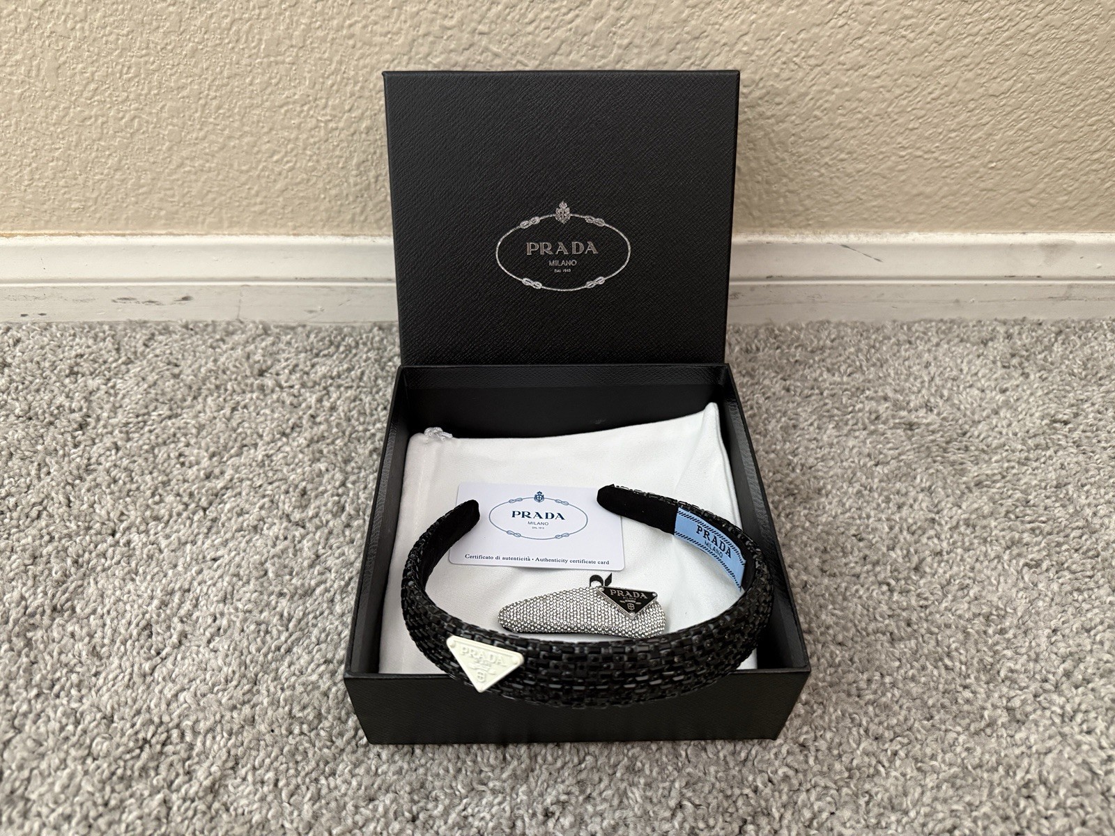 PRADA Black Crystal Embellished Padded Headband Triangle Logo w/ Box & Card