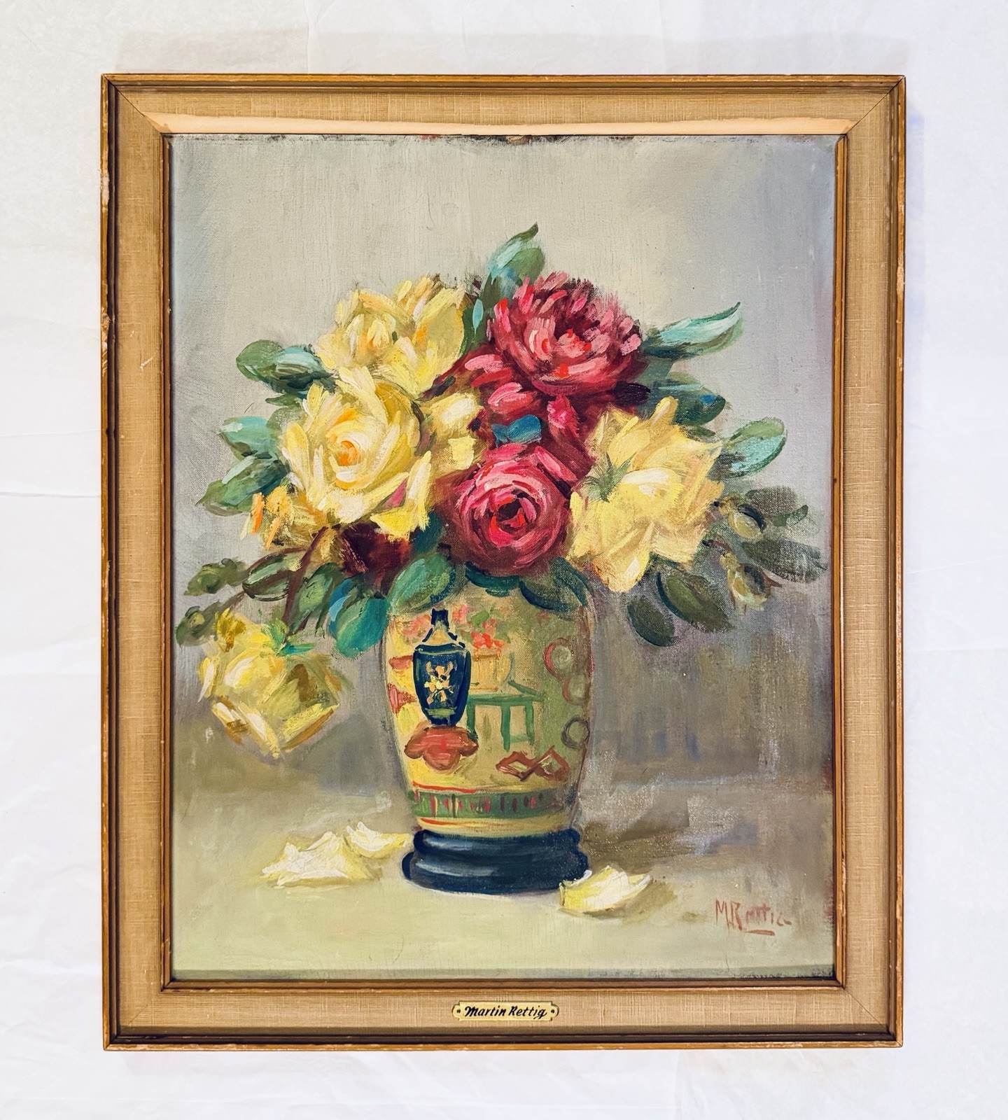 Martin Rettig Original Floral Still Life Oil Painting Wood Panel Roses In Vase