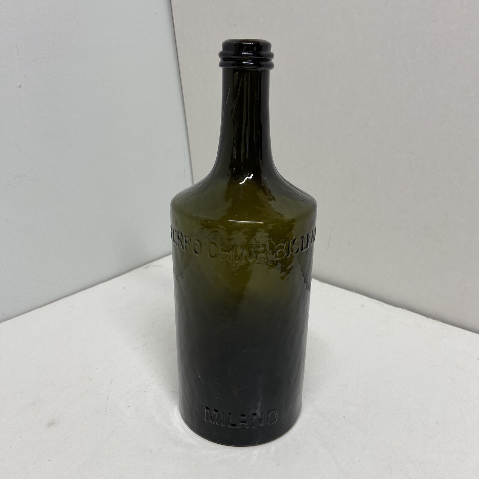 CRUDE 1881 WHITTLED OLIVE GREEN FERRO CHINA BISLERI MILANO SEEDED TONIC BOTTLE CRUDE 1881 WHITTLED OLIVE GREEN FERRO CHINA BISLERI MILANO SEEDED TONIC BOTTLE