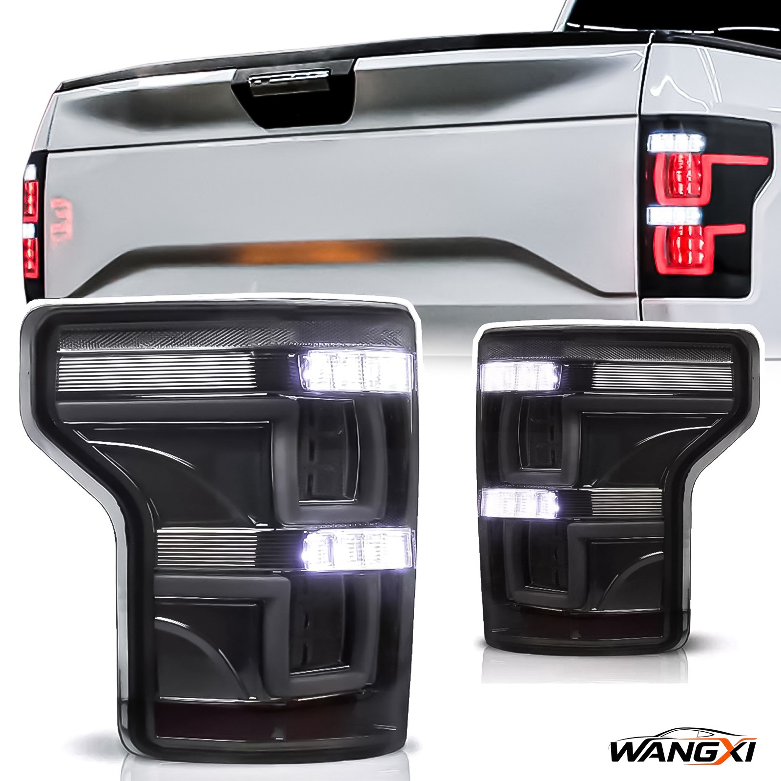 Fits 2015-2018 Ford F-150 Pickup Black Smoke Full LED Rear Lamps Tail Lights