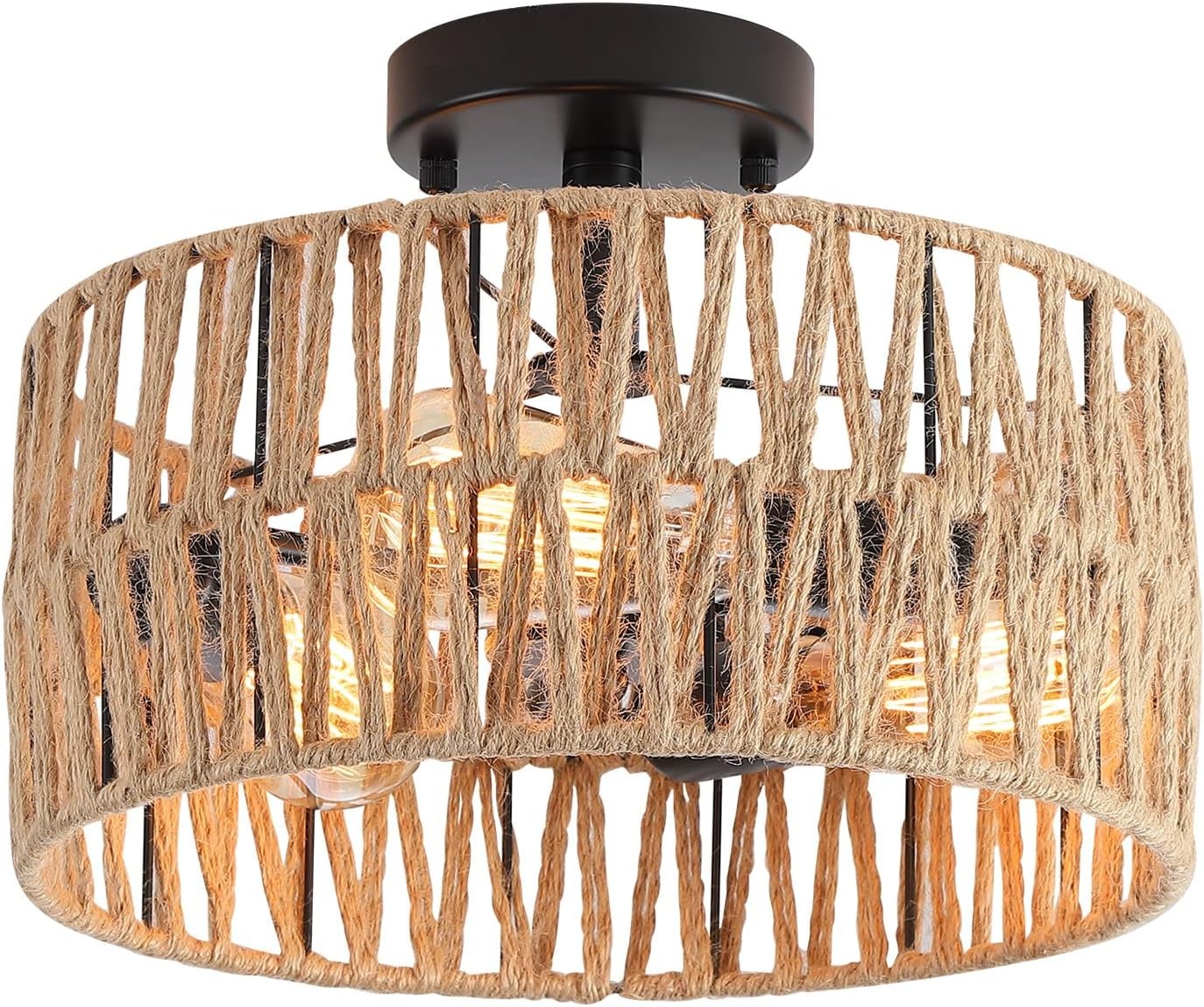 3-Light Coastal Woven Flush Mount Light Fixture Boho Rustic 3-Light Coastal Woven Flush Mount Light Fixture Boho Rustic