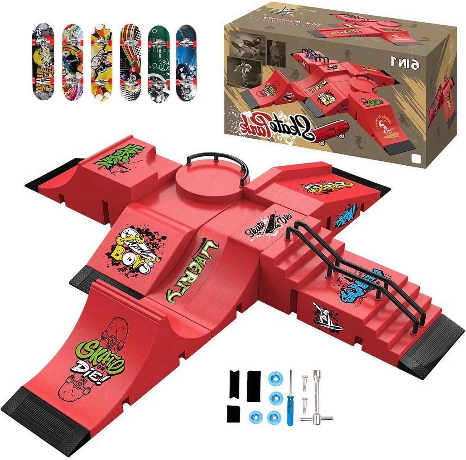 Fingerboard Skate Park Set Compatible with Tech Deck Skateboards, Featuring 6...