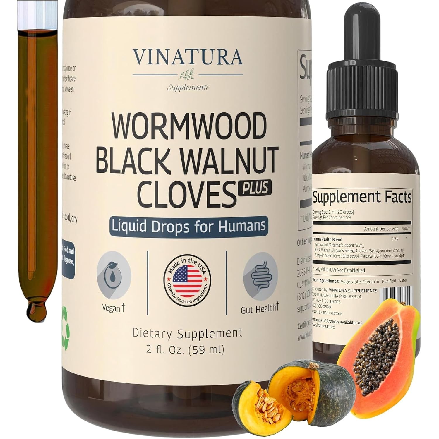 VINATURA Wormwood Black Walnut Cloves Liquid - Cleanse, Detox for Humans with Pa