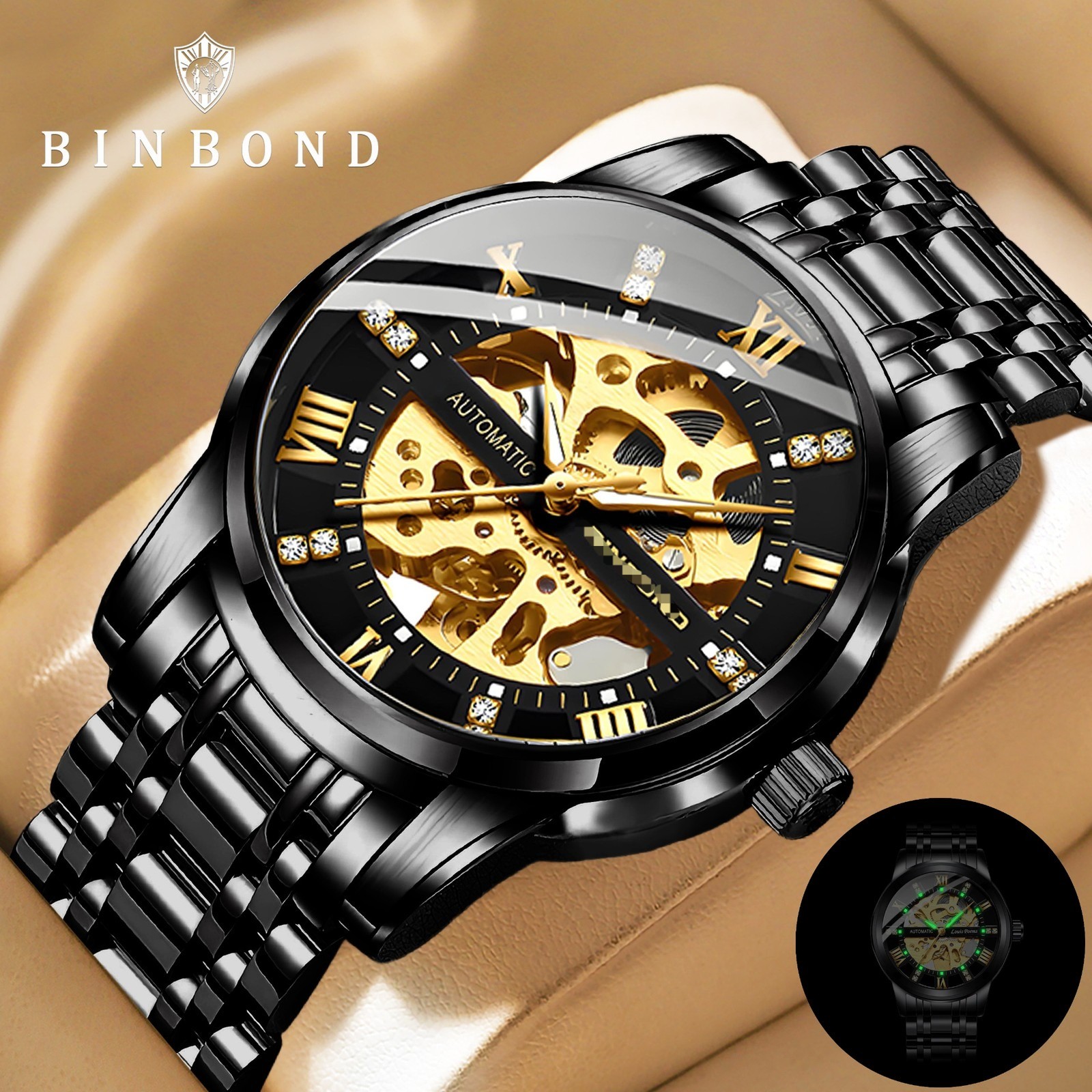 Luxury Men\'s Stainless Steel Gold Tone Skeleton Automatic Mechanical Wrist Watch Luxury Men\'s Stainless Steel Gold Tone Skeleton Automatic Mechanical Wrist Watch