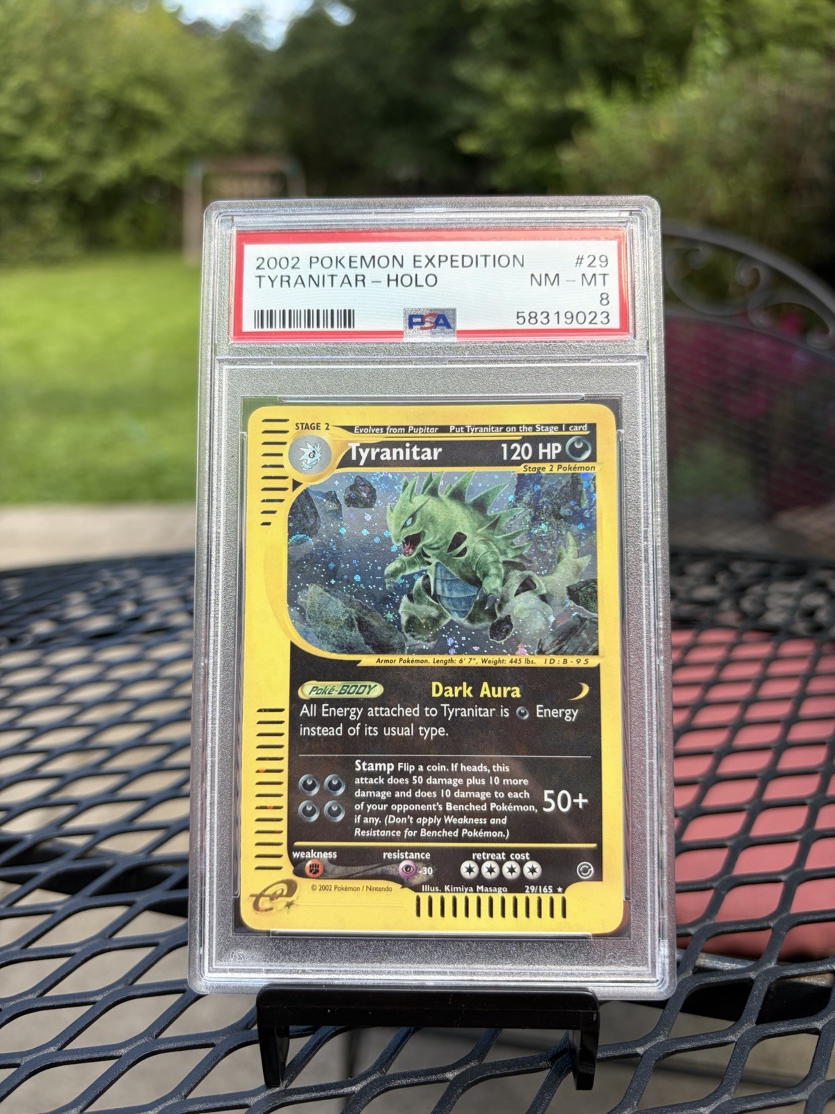 2002 POKEMON EXPEDITION #29 TYRANITAR-HOLO PSA 8 MINT SWIRL BEAUTIFUL COPY RARE