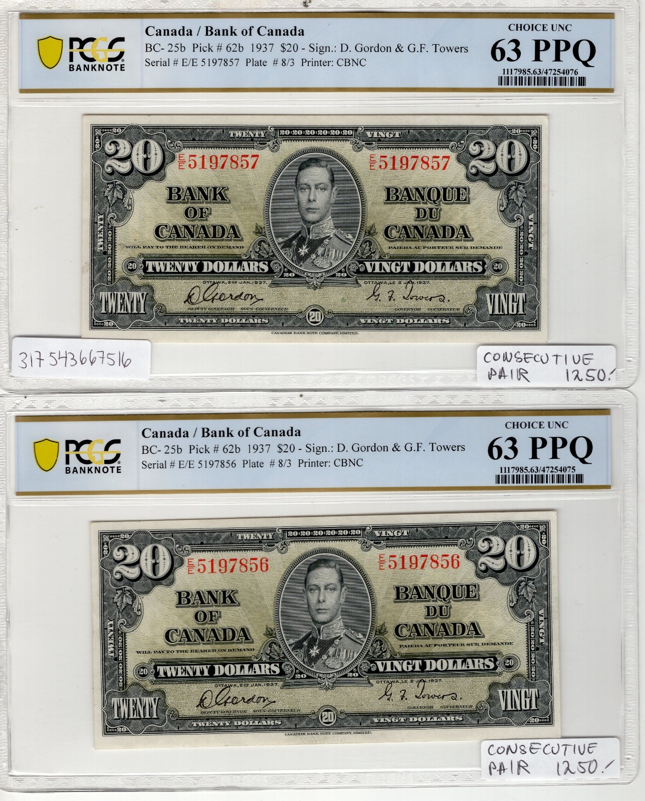 1937 Canada $20 Gordon-Towers EE Prefix Choice UNC Consecutive Pair PCGS MS-63