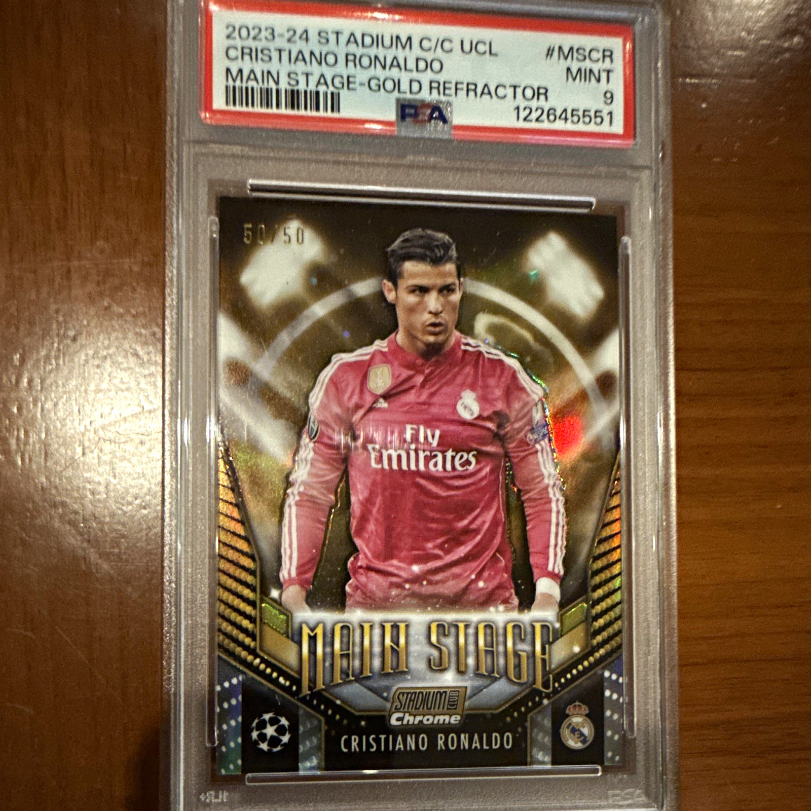 2023-24 TOPPS STADIUM CLUB CHROME UCL MAIN STAGE RONALDO GOLD /50 PSA 9 50/50