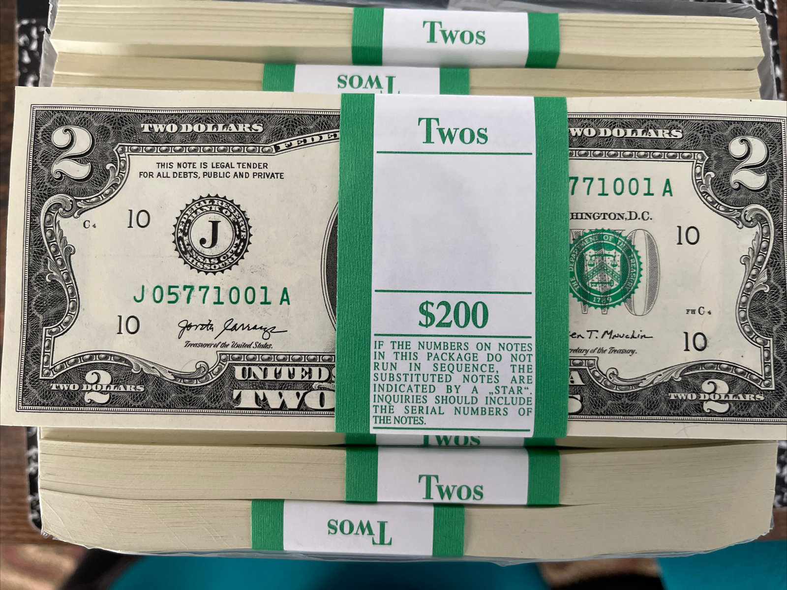 ONE STACK of 2017A TWO DOLLAR $2 Notes CRISP UNCIRCULATED BEP PACK from BRICK