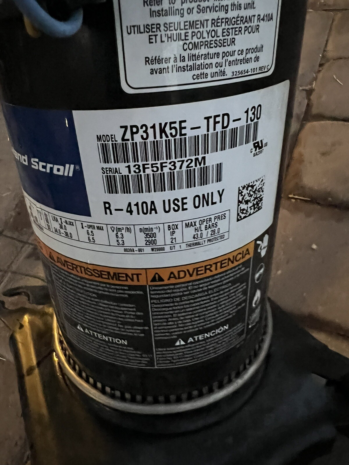 COPELAND SCROLL COMPRESSOR model ZP31K5E - TFD - 130 year 2013 - 460v -3 phase