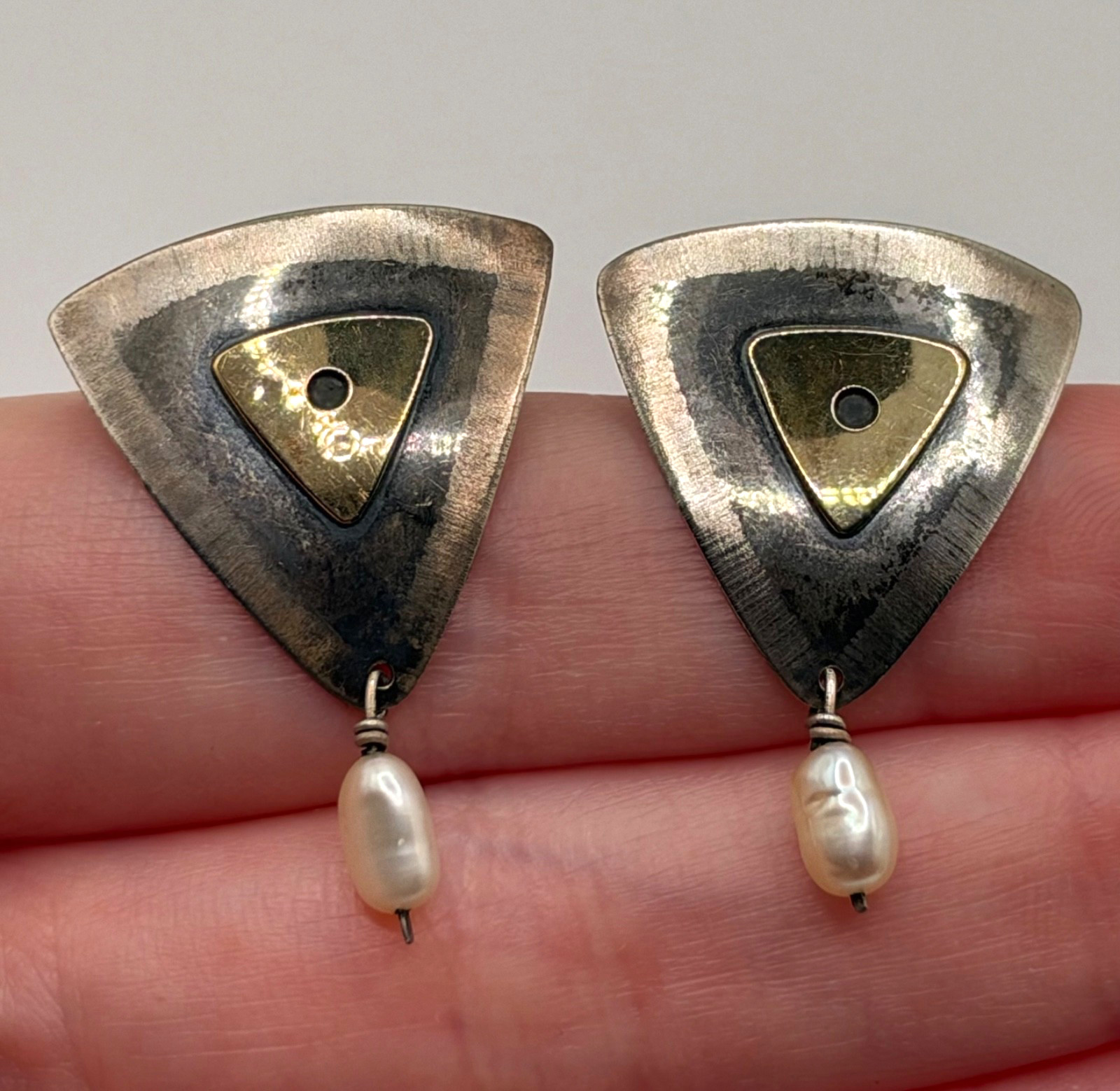 Vintage Deirdre Donchian Sterling Silver 18k Accent Dangle Earrings Signed 1990s