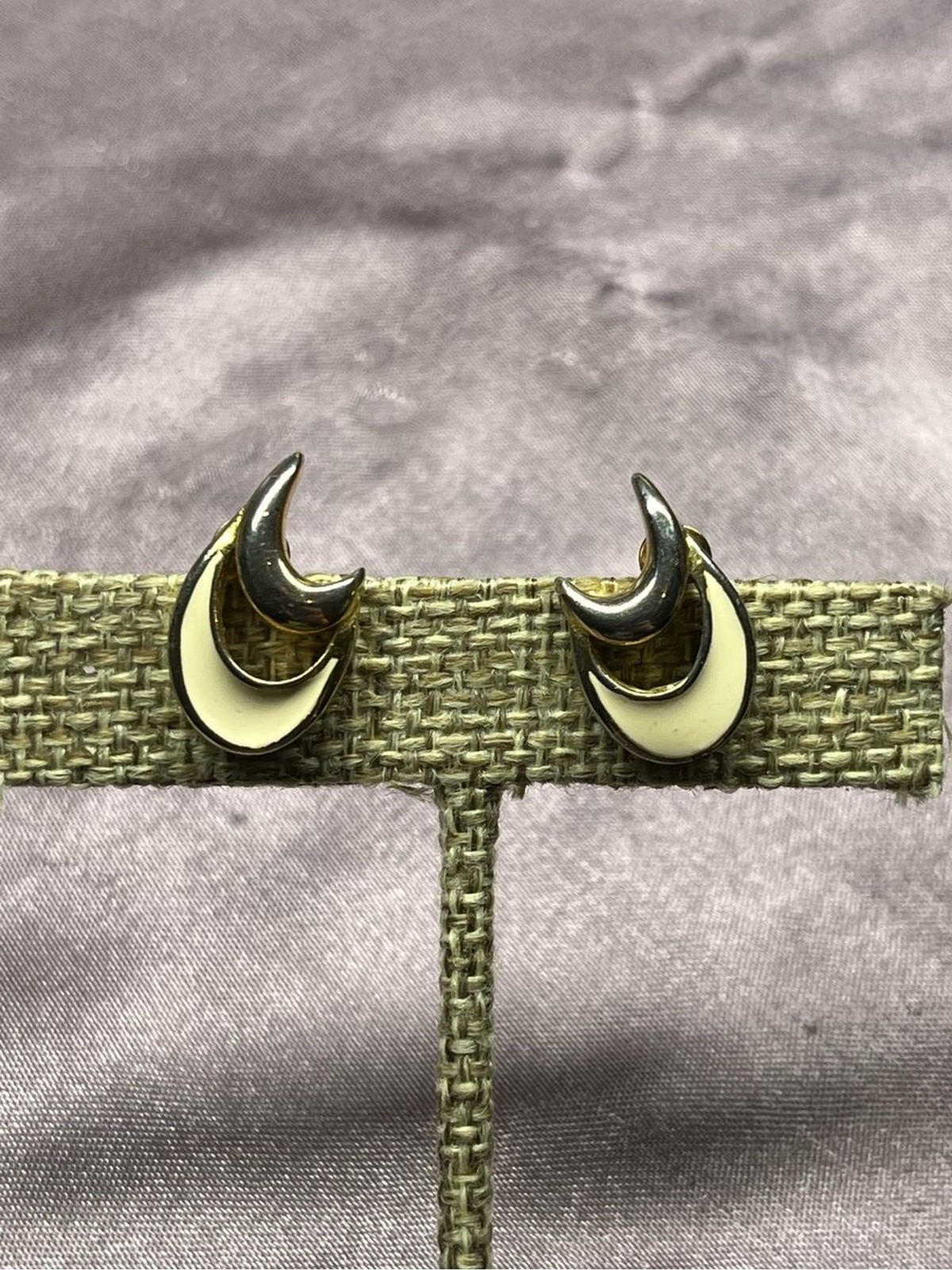 Trifari Gold Tone Cream Enamel Abstract Pieced Earrings Vintage