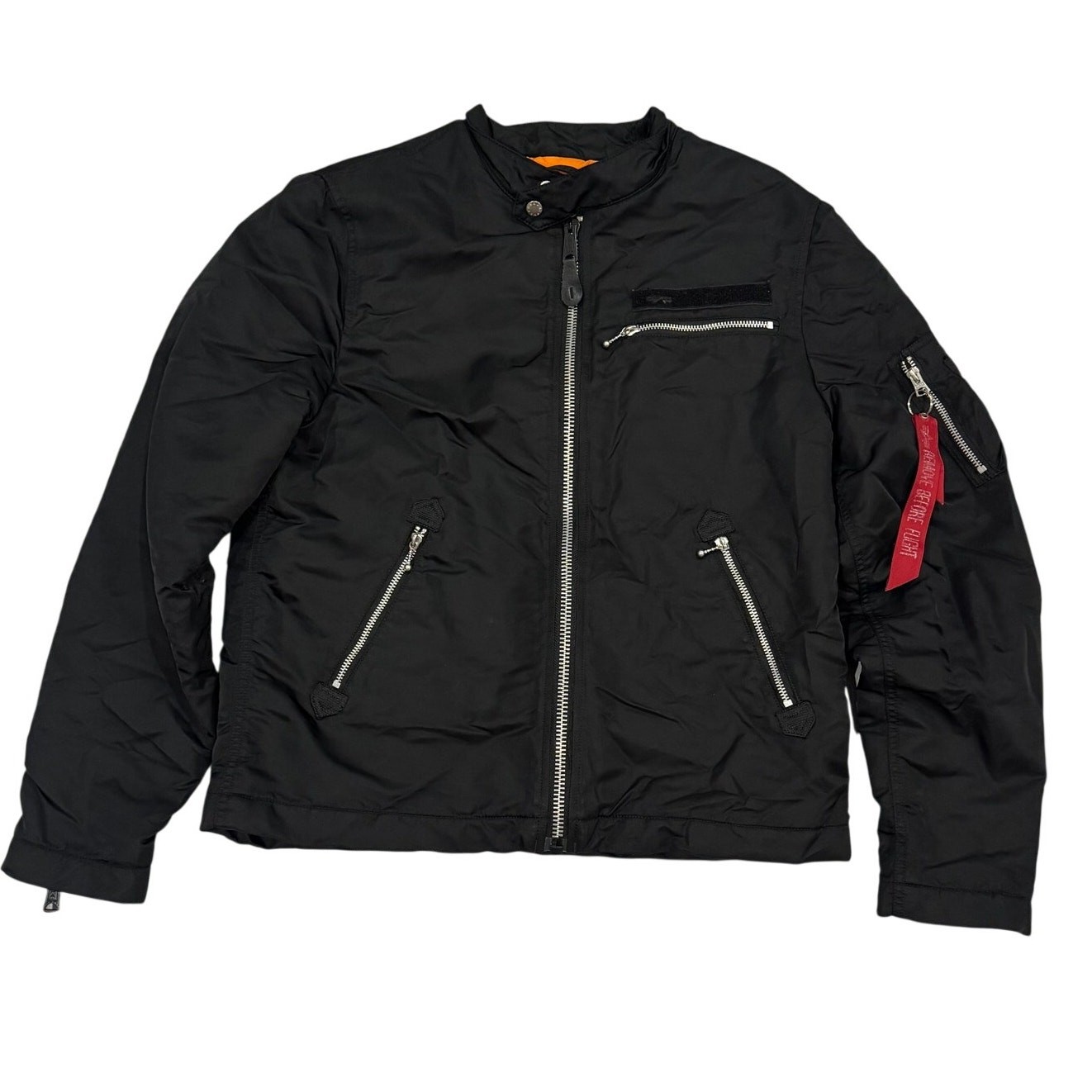 Alpha Industries Men M Full Zip Flight Jacket Black Nylon Orange Lining Slim Fit