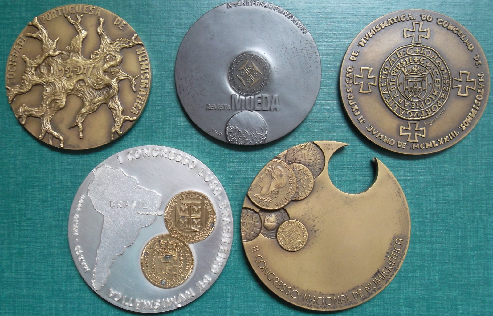 Five (5) large bronze medals, Portuguese Numismatics