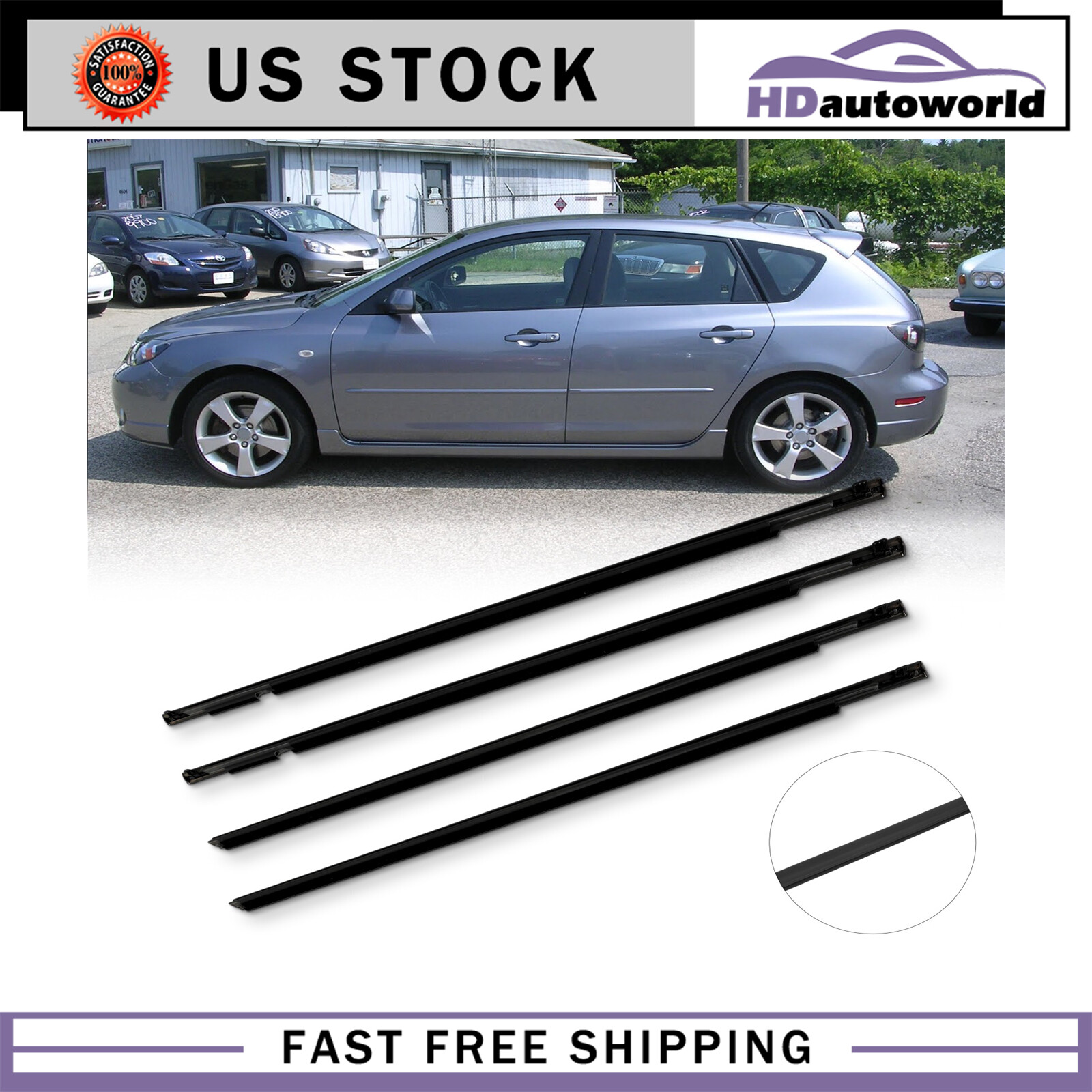 For 2004-2009 Mazda 3 BK sedan Weatherstrip Window Moulding Trim Seal Belt 4pc