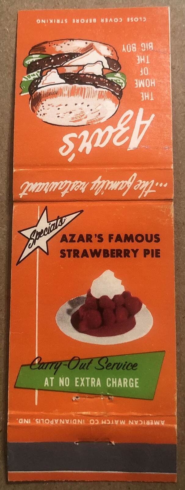 Front 20 Strike Matchbook Cover - Azar’s Restaurant Vintage Front 20 Strike Matchbook Cover - Azar’s Restaurant Vintage