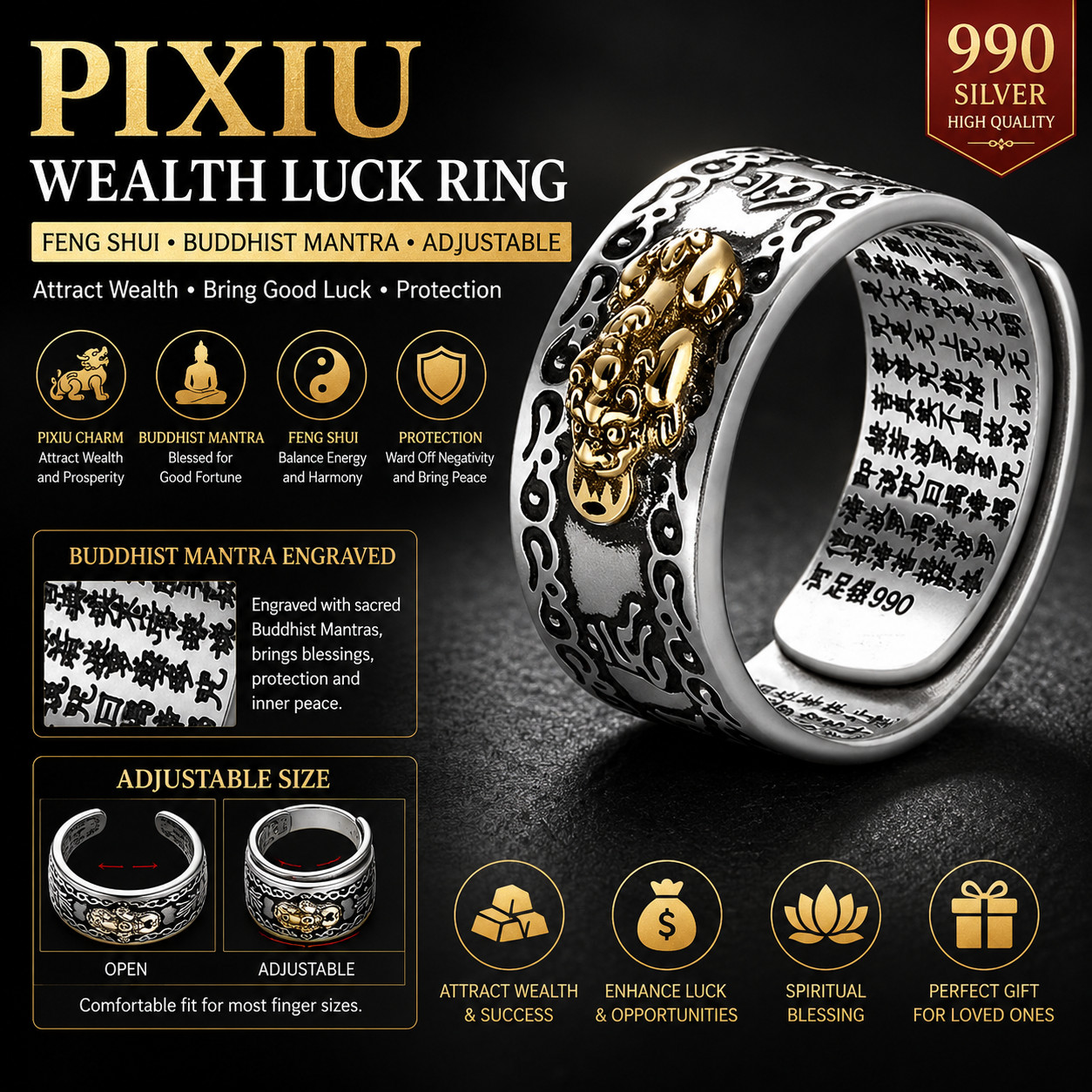 Feng Shui Pixiu Adjustable Ring Buddhist Mantra Attract Wealth Lucky Ring Charm Feng Shui Pixiu Adjustable Ring Buddhist Mantra Attract Wealth Lucky Ring Charm
