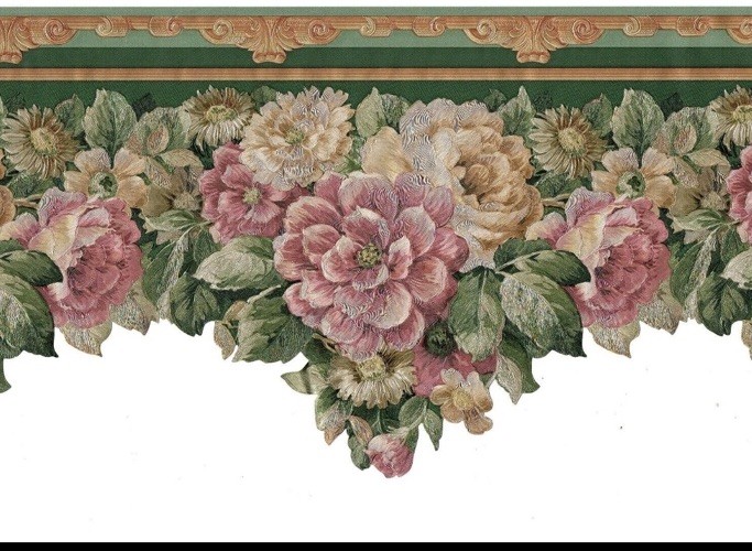 Village Wallpaper Border 5803230 Scalloped Green Mauve Pink Rose Floral 15\'