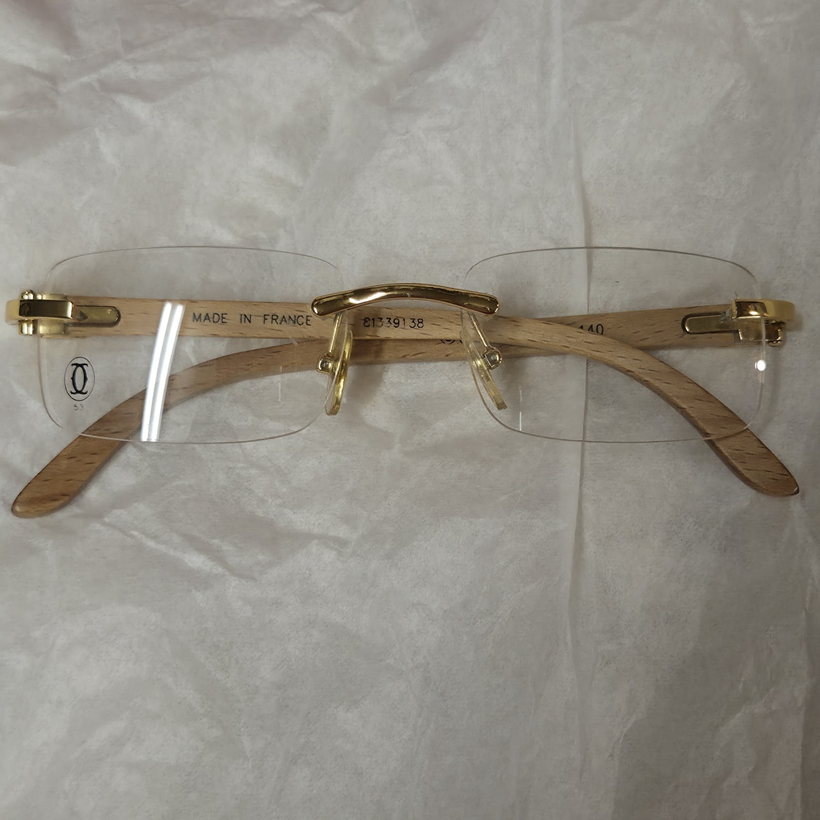 Cartier Paris Wood Arms Rimless Gold Metal Eyeglass Frames w/ Box 1981 As-is Cartier Paris Wood Arms Rimless Gold Metal Eyeglass Frames w/ Box 1981 As-is