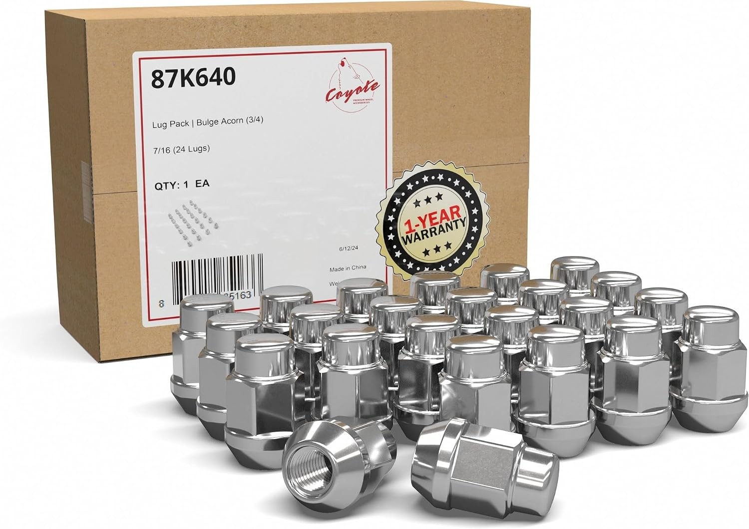 24 Pcs Chrome Lug Nuts, 7/16\