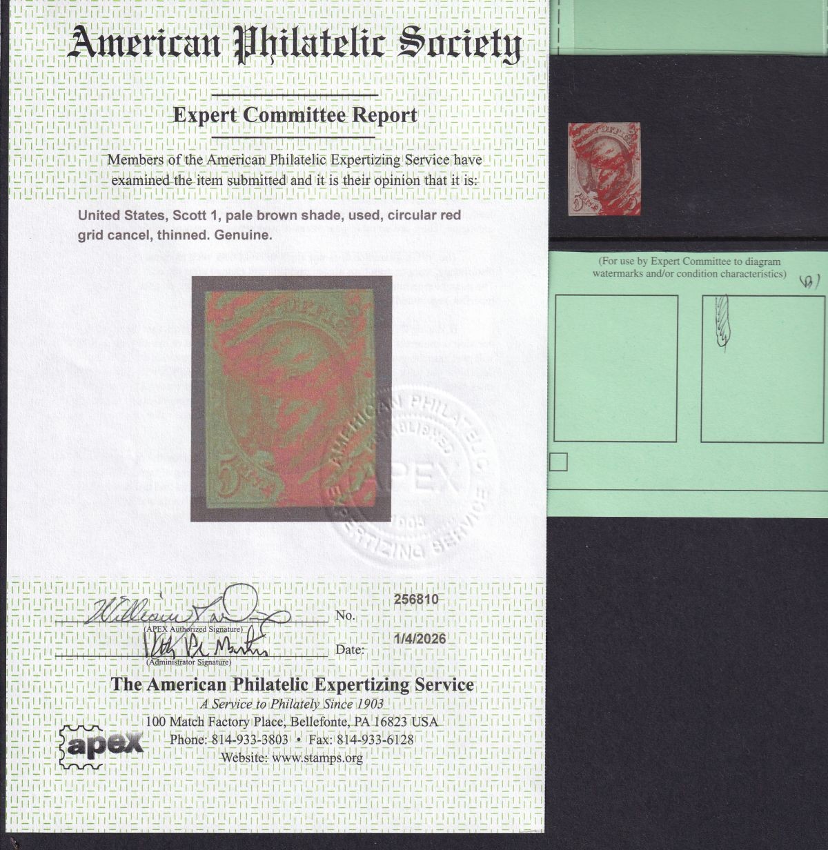 1847 Washington Sc 1 used single 5c red grid cancel with APS Cert CV $425 (A