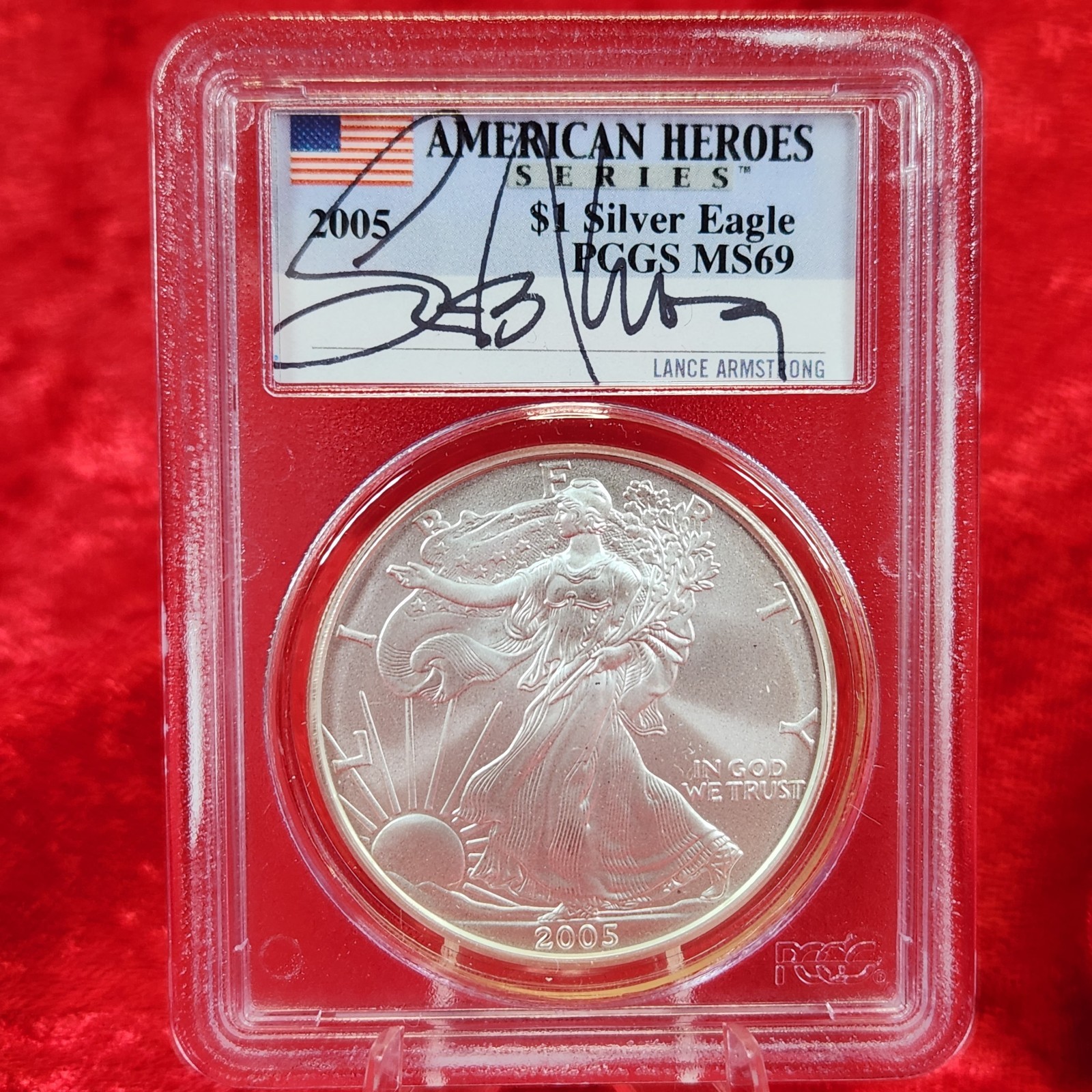 2005 Silver Eagle PCGS MS69 American Heroes Series Lance Armstrong Signature 2005 Silver Eagle PCGS MS69 American Heroes Series Lance Armstrong Signature