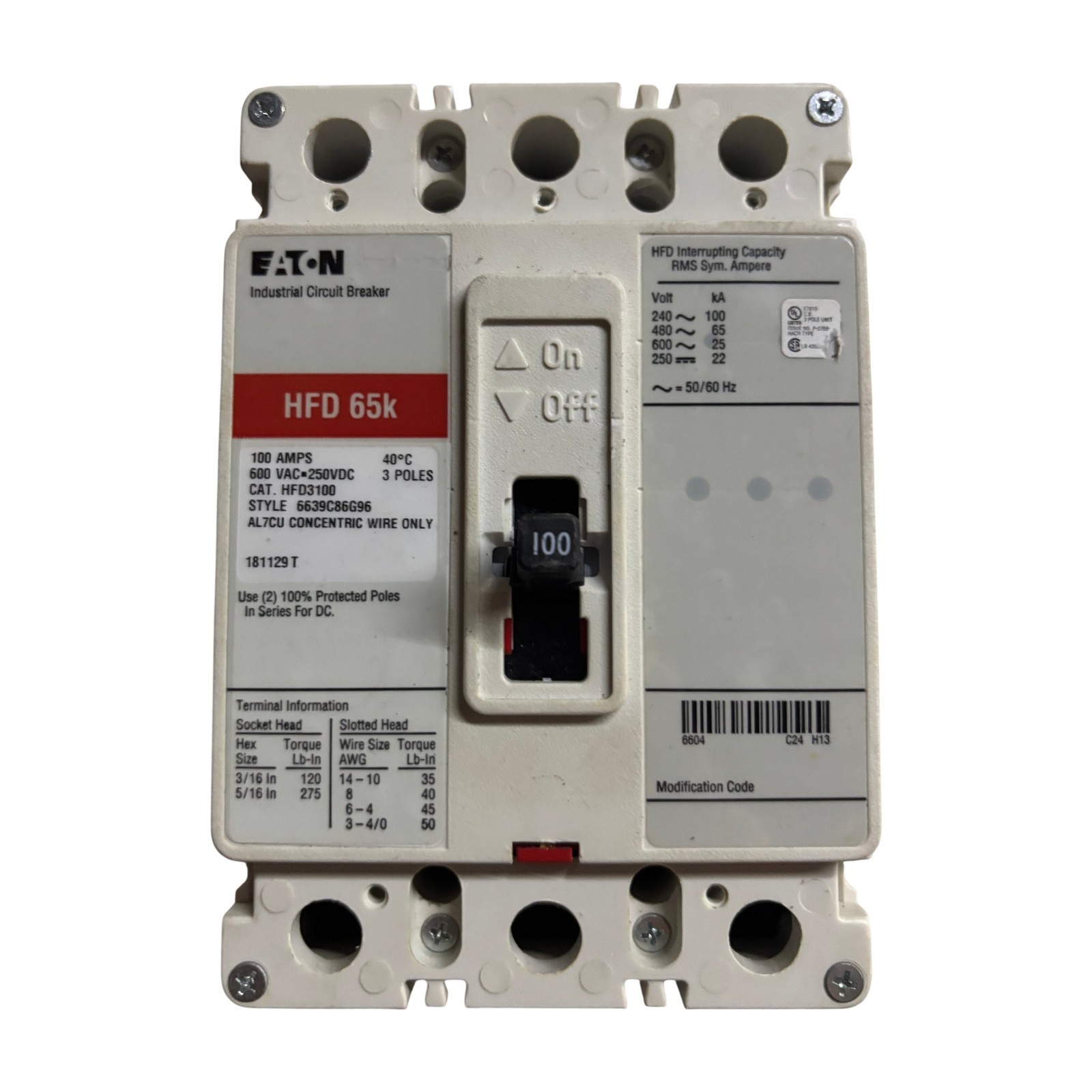 Eaton HFD3100 100A 3-Pole 600V Industrial Circuit Breaker HFD 65k