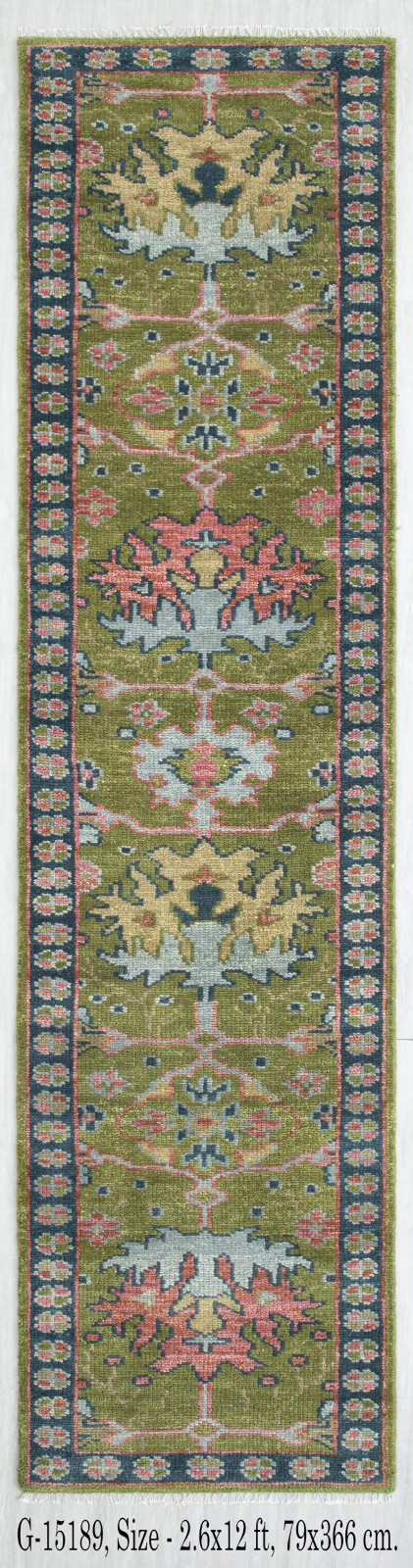 Hand Knotted Oushak Runner Rug Olive Green Wool Vintage Hallway Carpet Rug