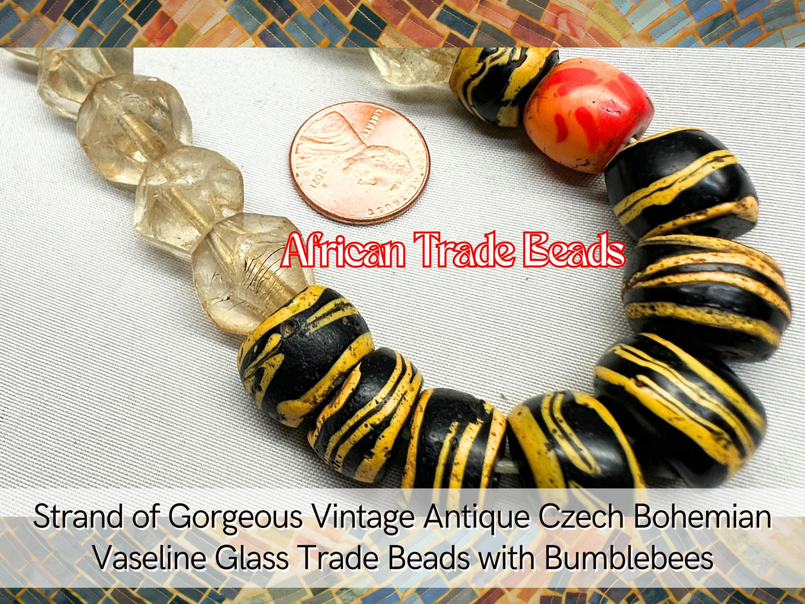 Gorgeous Vintage Antique Czech Bohemian Vaseline Glass Trade Beads w/ Bumblebees Gorgeous Vintage Antique Czech Bohemian Vaseline Glass Trade Beads w/ Bumblebees