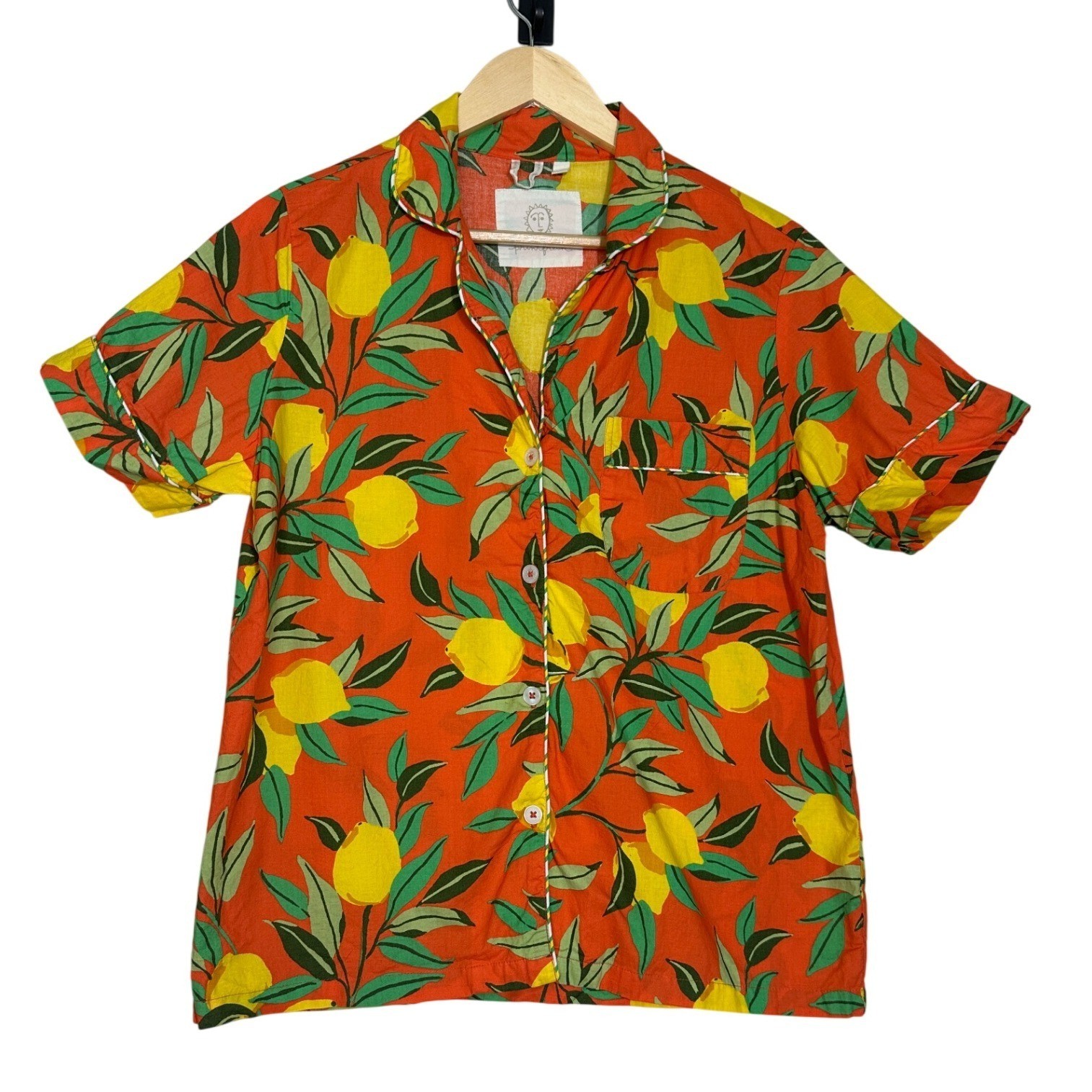 Printfresh Lemon Zest Button Front Organic Cotton Short Sleeve Top Small Orange