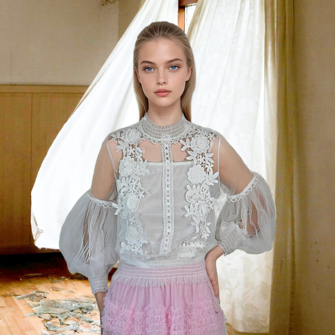 Vintage White Sheer Rose Lace Blouse Top w Camisole Small NWOT Victorian Balloon